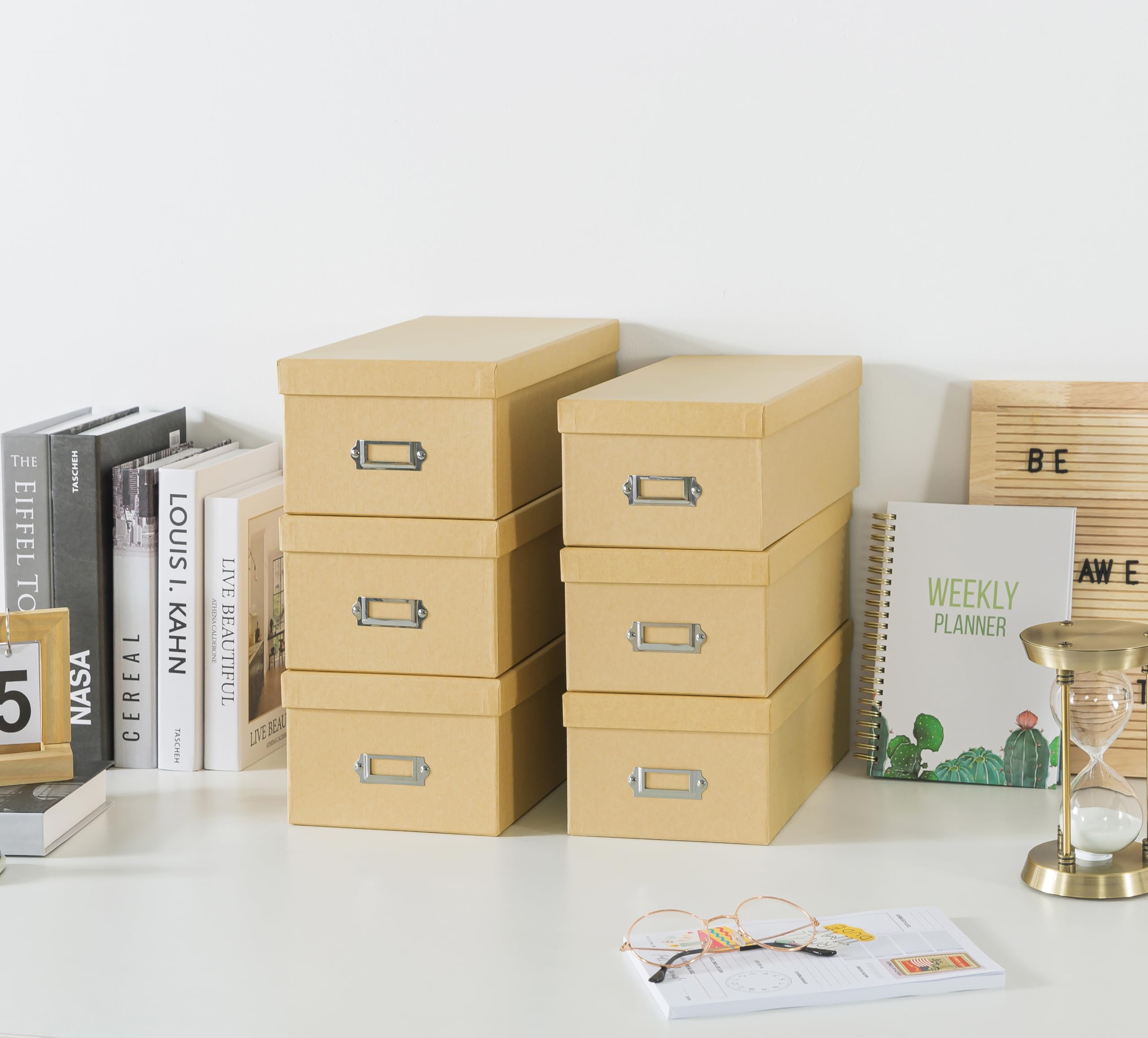 Soul & Lane Kraft Storage Boxes - Set of 6 (3 Large, 3 Medium), Keepsake Memory Storage Boxes with Lids, Cardboard Organizers wi