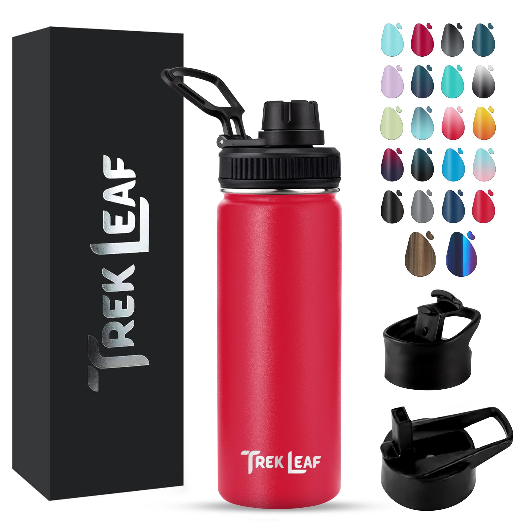 Trek Leaf Travel Water Bottle with 3 Lids (Spout, Straw, Flip) Leak Proof, Quality, Vacuum Insulated, Stainless Steel (Red, 18 o
