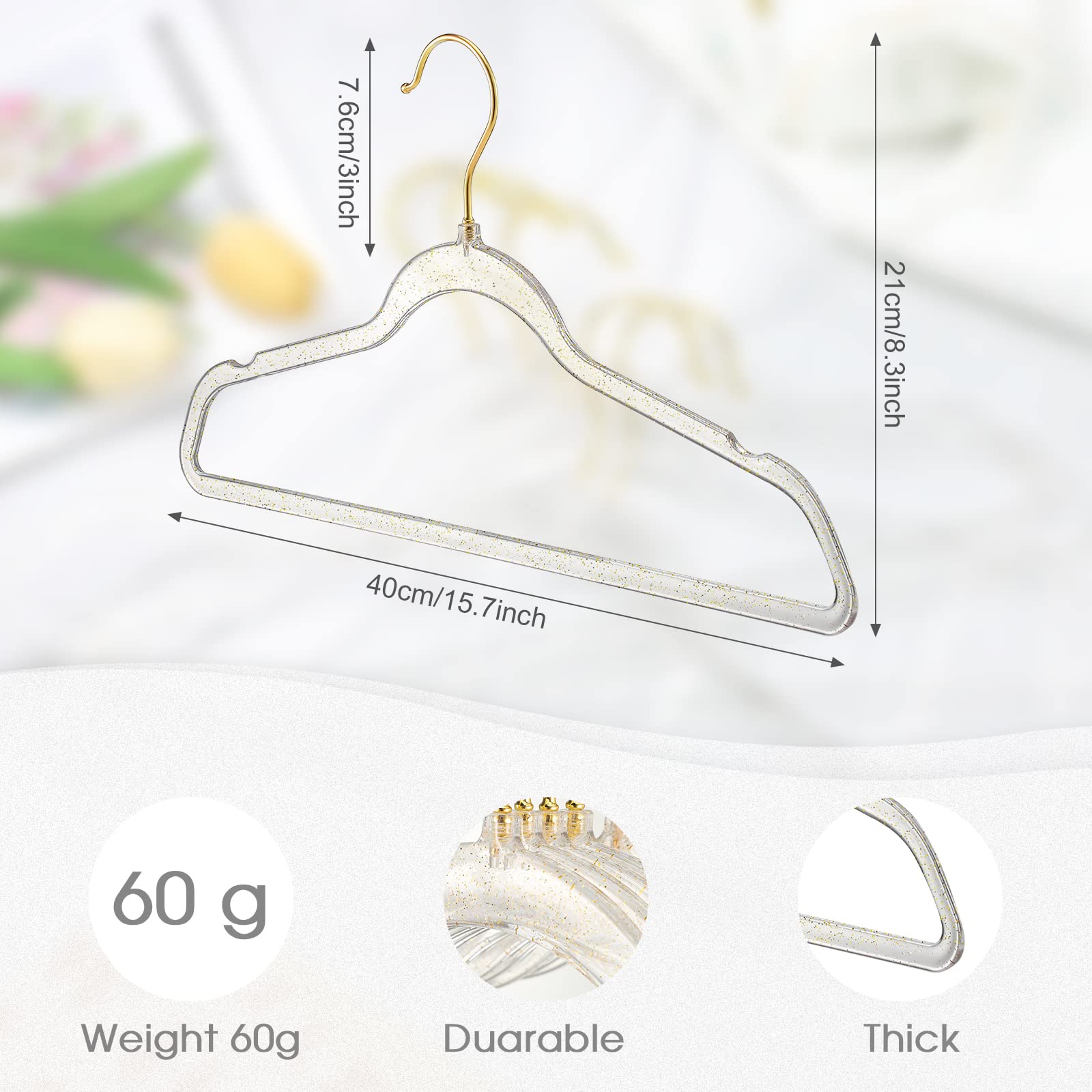 20 Pcs Clear Acrylic Hangers Plastic Glitter Coat Hanger Non Slip Space Saving Suit Hangers Heavy Duty Clothes Hanger with Non Slip Notches (Gold)