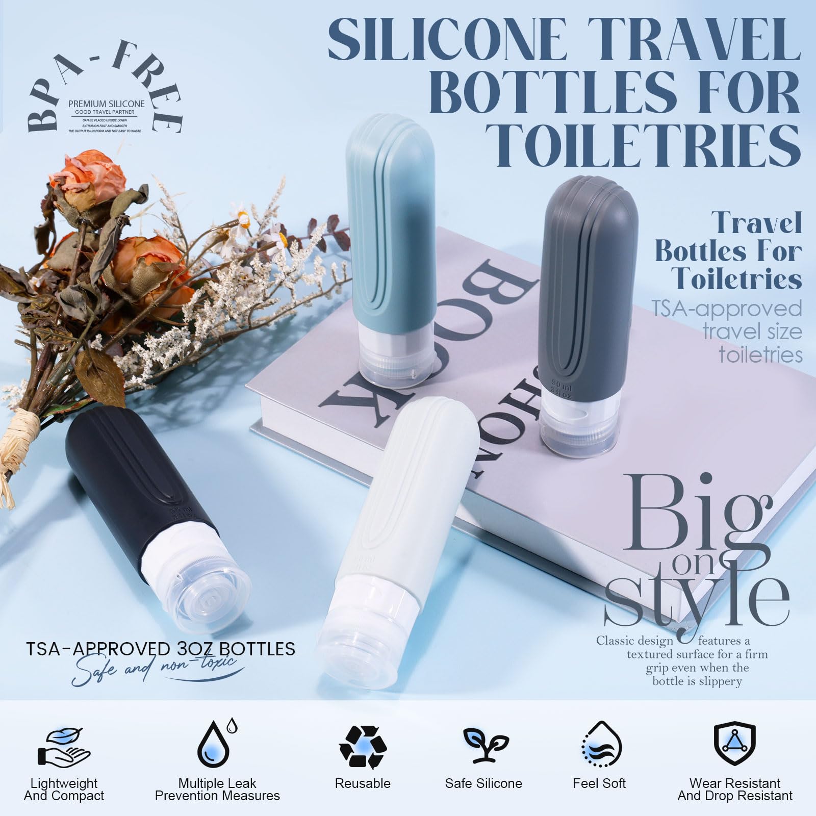 Yiimer Travel Bottles For Toiletries, 3Oz Tsa Approved Travel Size Toiletries, Silicone Leak-Proof Refillable Containers, Squeez