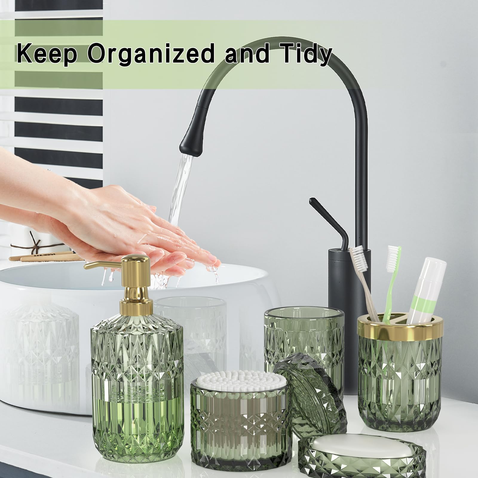 Green Bathroom Accessories Set, 5 Pcs Clear Glass Bathroom Accessories Sets With Lotion Soap Dispenser, Soap Dish, Toothbrush Ho