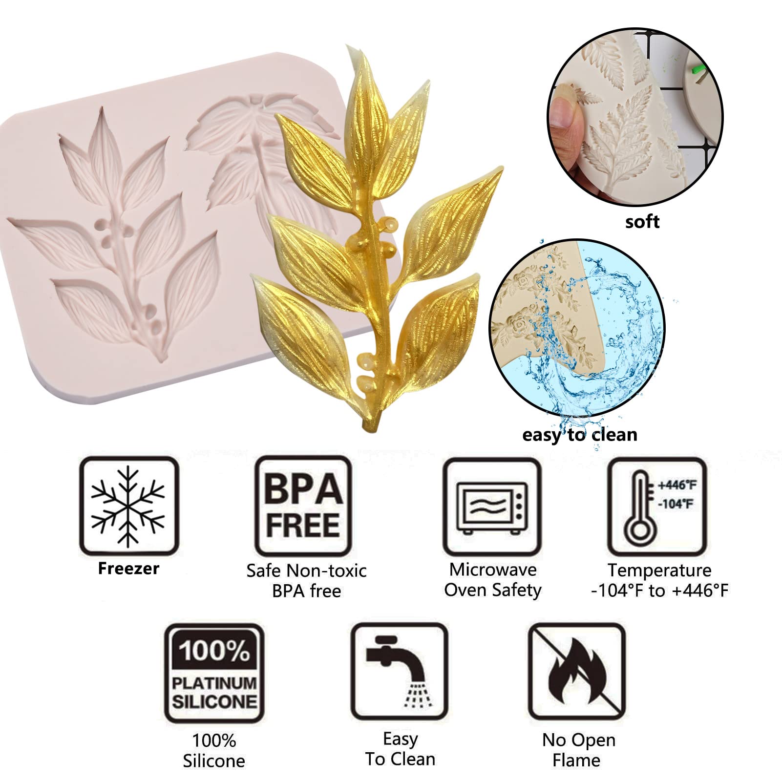 Leaf Fondant Molds, Ferns Silicone Chocolate Mould, Roses Flower Leaves For Cake Decorating Cupcake Topper Candy Sugar Gum Paste