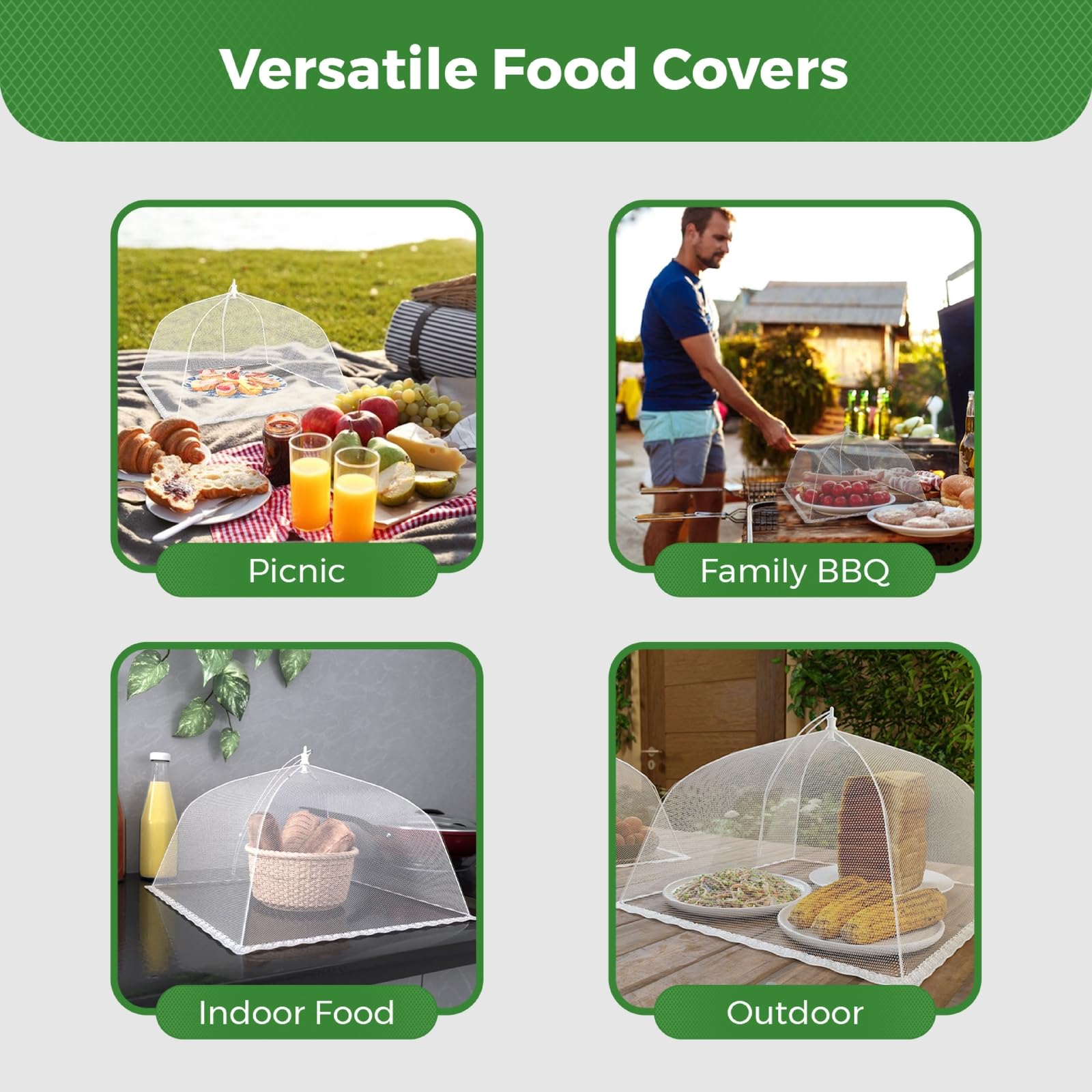 Simply Genius Mesh Food Covers for Outdoors - 2 Jumbo (39x24 in) & 4 Large (17x17 in), White Collapsible 6-Pack - Pop-Up Reusabl