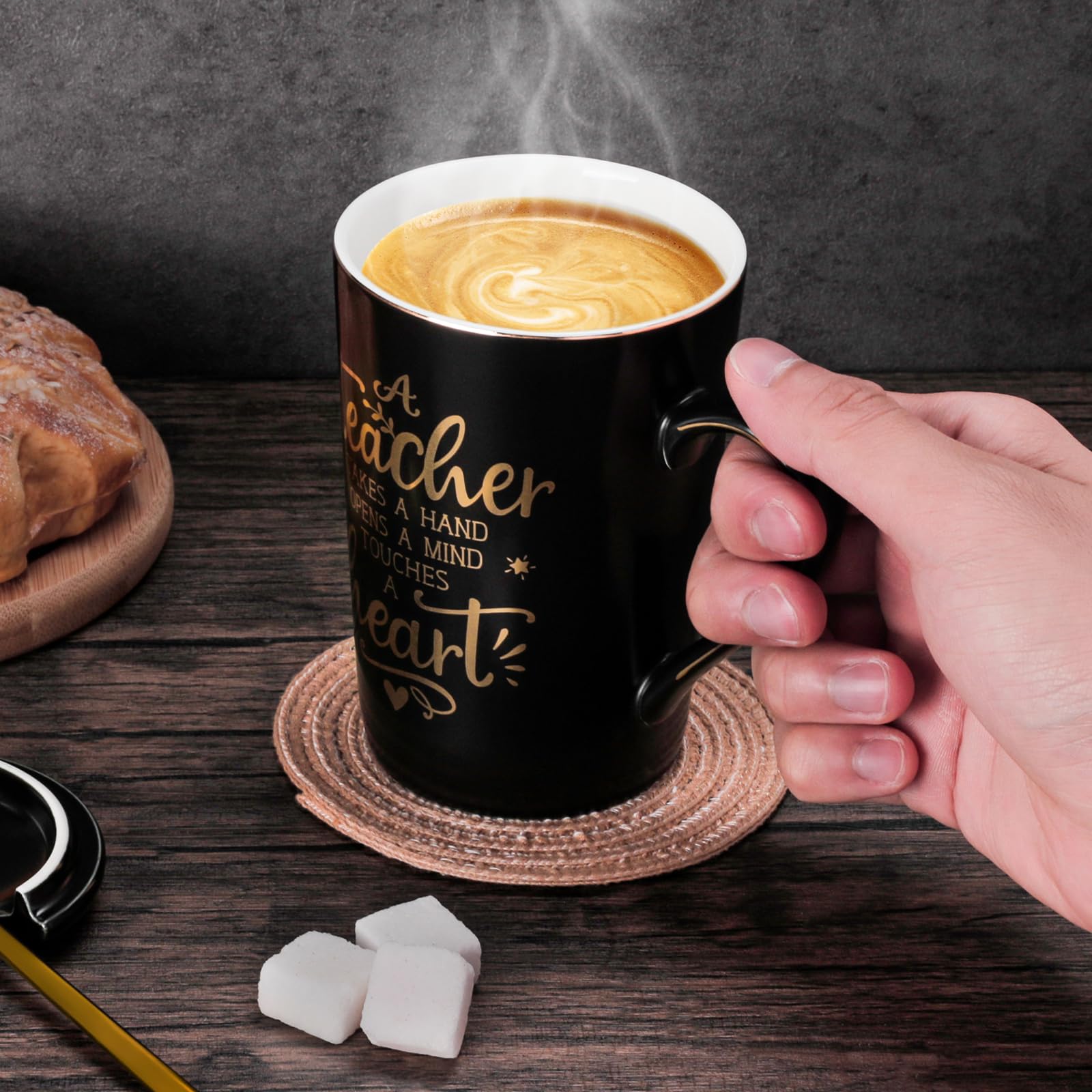 Best Teacher Appreciation Gifts for Men Women, 14oz Unique Black Ceramic Teacher Coffee Mug with Gold Print, Christmas Presents