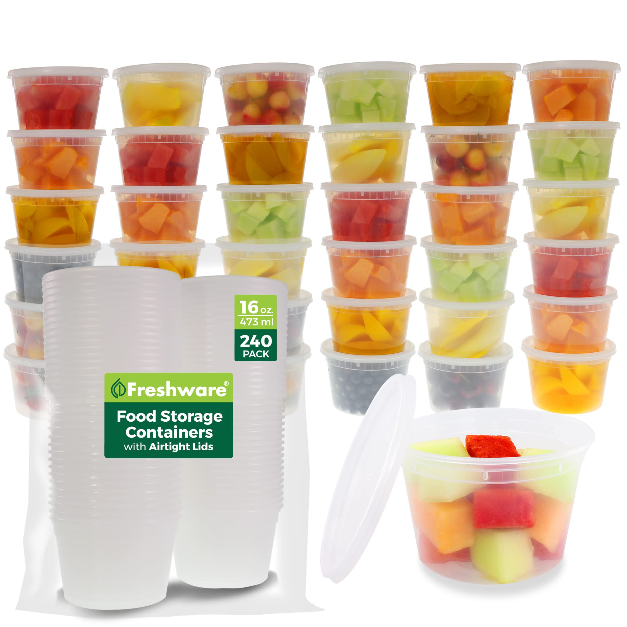 Freshware [240 Pack] 16 Oz Food Storage Containers With Lids, Plastic Containers, Freezer Safe | Meal Prep | Stackable | Leakpro