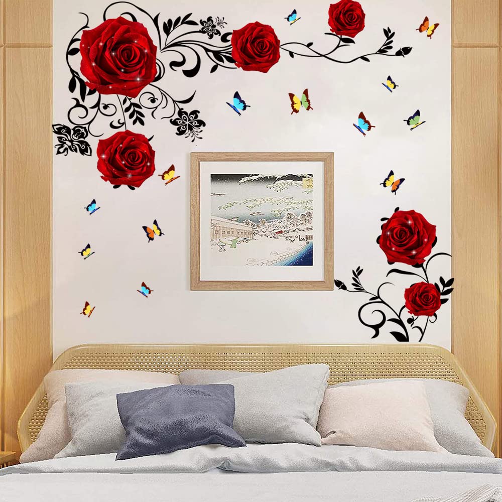 Supzone Red Rose Wall Stickers Rose Flower Vine Wall Decal Red Peony Floral Wall Decor DIY Vinyl Mural Art for Bedroom Living Room Sofa Backdrop TV Wall Decoration
