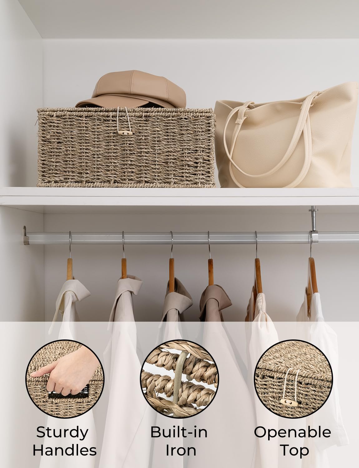 Storageworks Seagrass Wicker Baskets For Organizing, Medium Wicker Basket With Lid, Decorative Basket With Built-In Handles, Tow