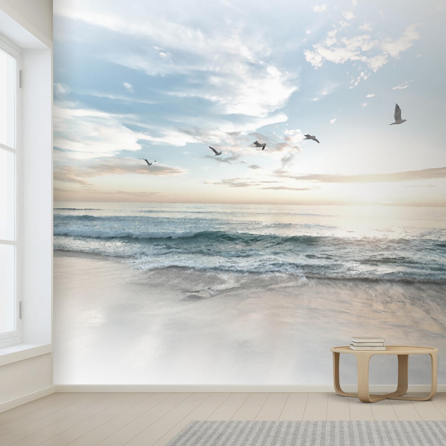 Wall26 - Large Wall Mural - Seacape With Waves On The Beach And Flying Seagulls | Self-Adhesive Vinyl Wallpaper/Removable Modern