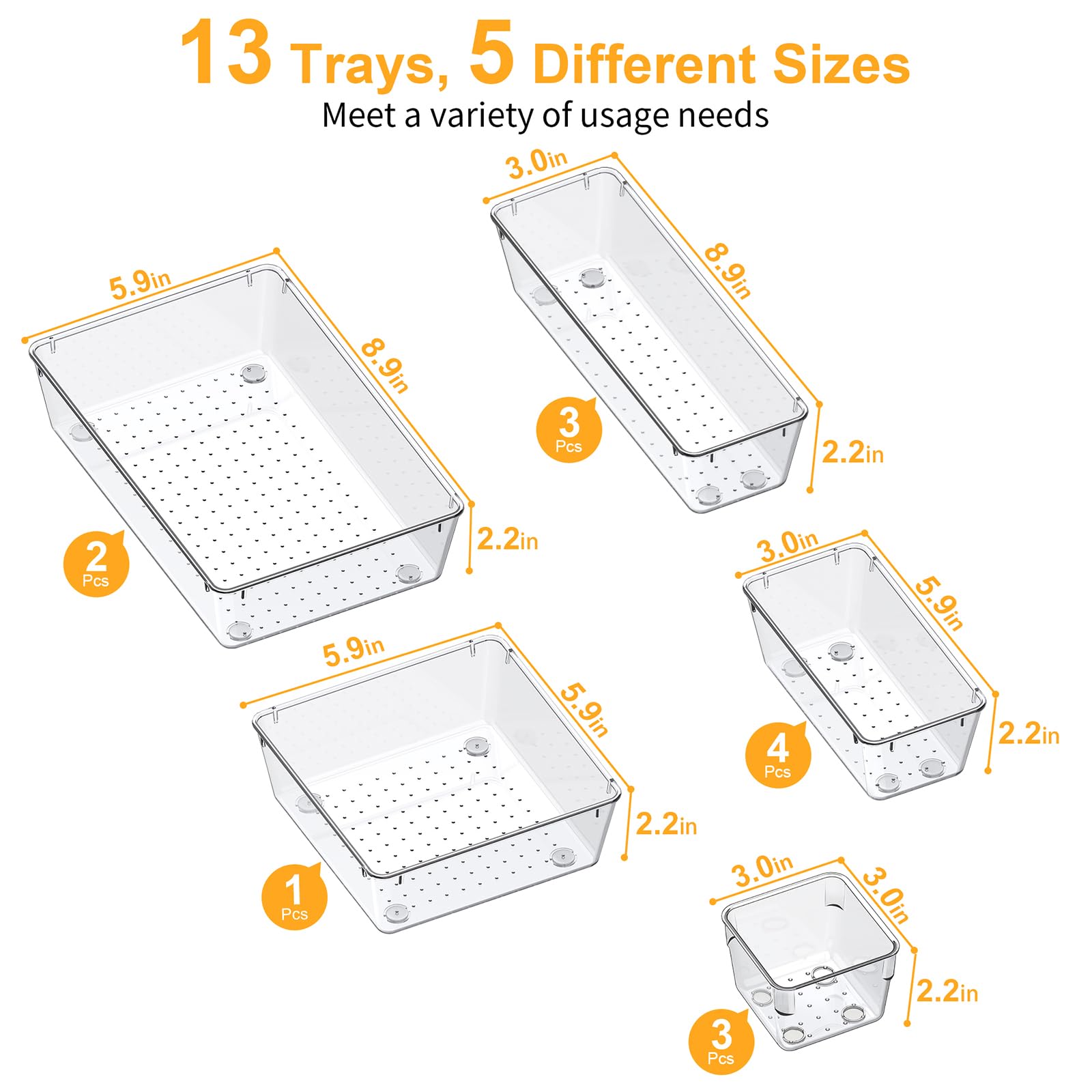 SMARTAKE 13-Piece Drawer Organizers with Non-Slip Silicone Pads, 5-Size Desk Drawer Organizer Trays Storage Tray for Makeup, Jew