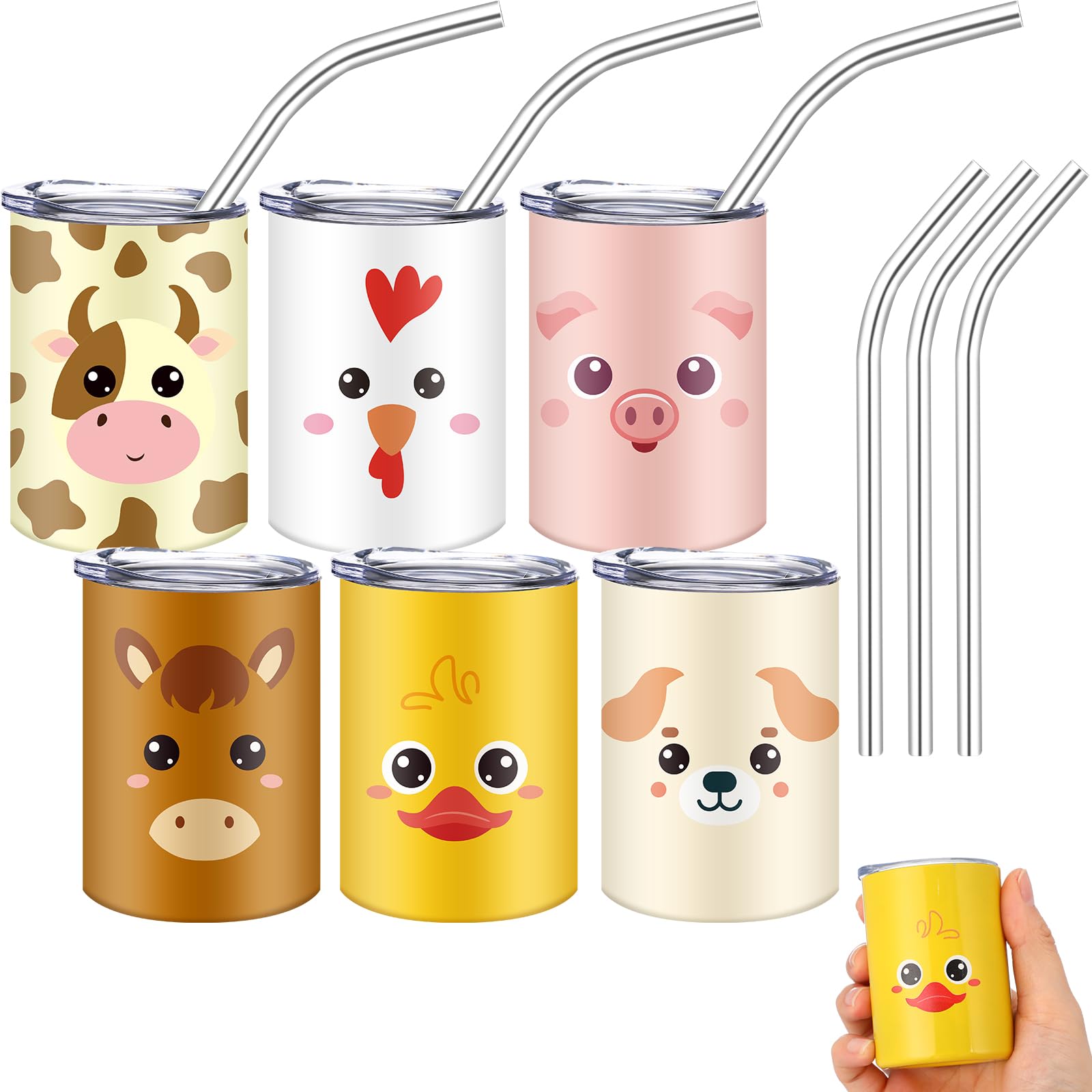 Ferrochef 6 Pack 3 oz Farm Animals Mini Tumbler Shot Glass with Lid and Straw Cute Animal Stainless Steel Insulated Tumbler Cup 