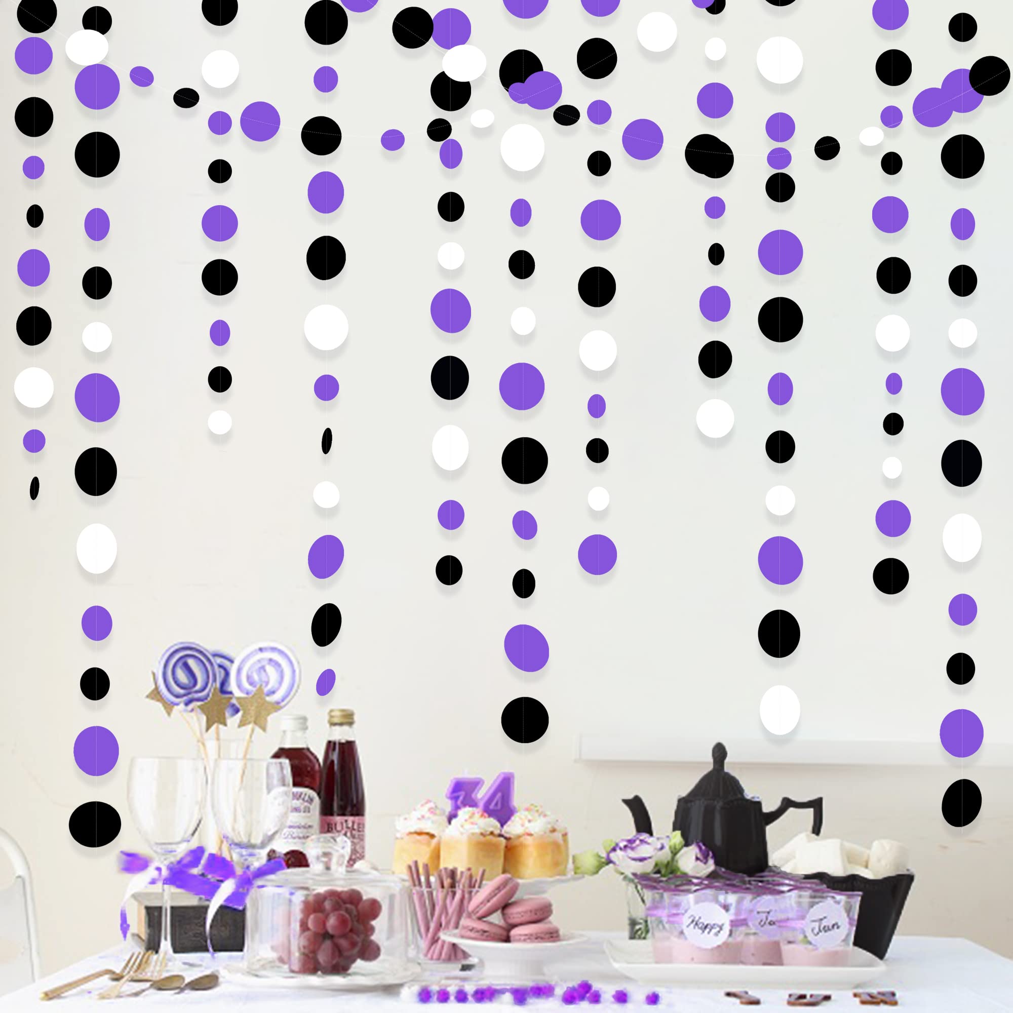 46Ft Purple Black Circle Dots Garlands Black Purple And White Polka Dot Hanging Paper Streamer Banners For Birthday Graduation W