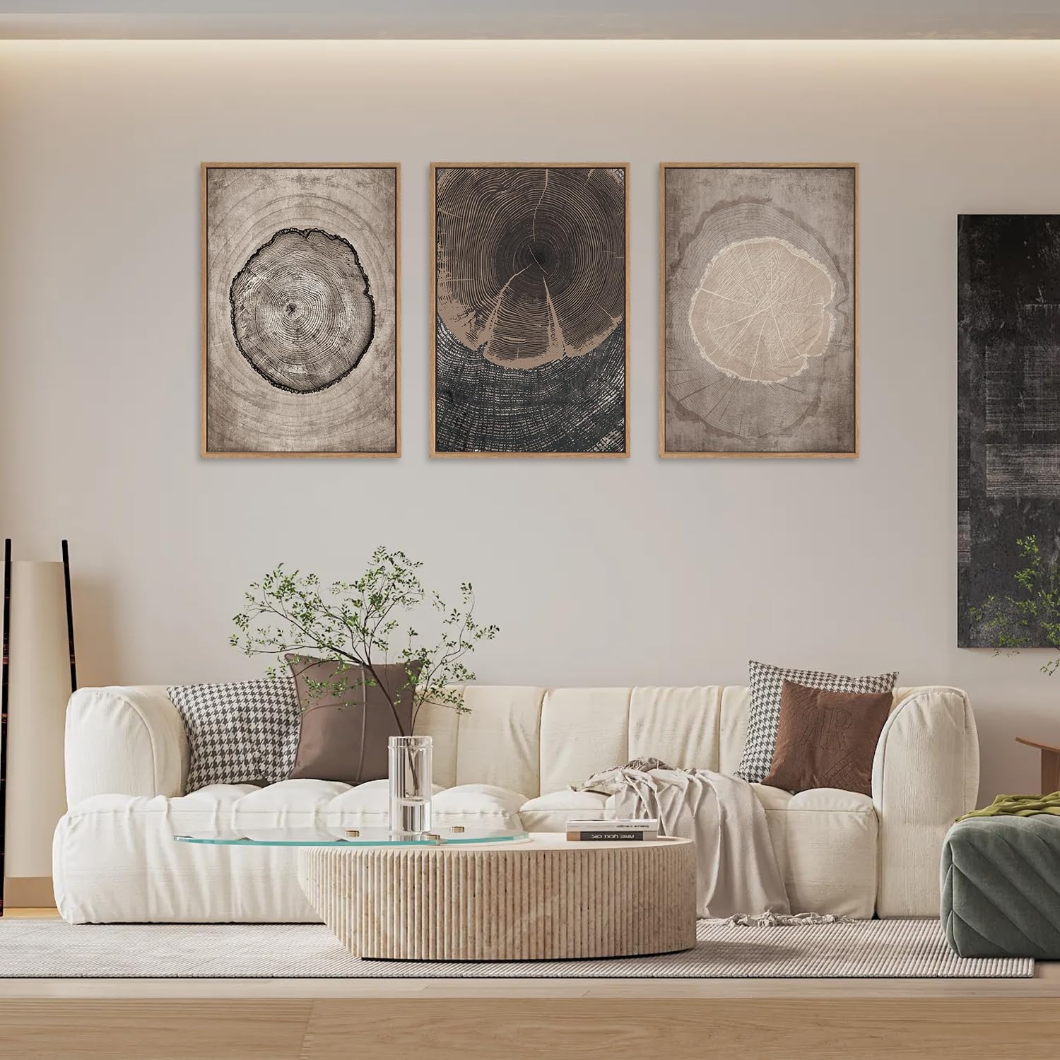 Chditb Beige Tree Ring Framed Canvas Wall Art Set, Modern Wood Stump Wall Decor, Abstract Black And White Wall Painting, Neutral