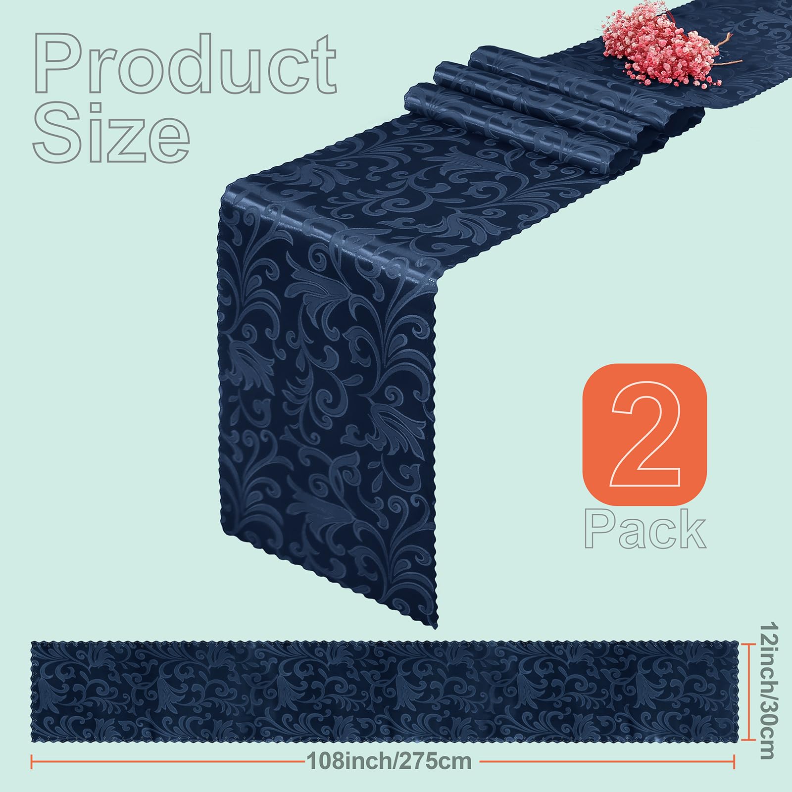 Eychei 2 Pack Navy Blue Satin Table Runner 12 X 108 Inch Long, Bright Smooth Damask Table Runner, Silky Jacquard Dinner Table Ru