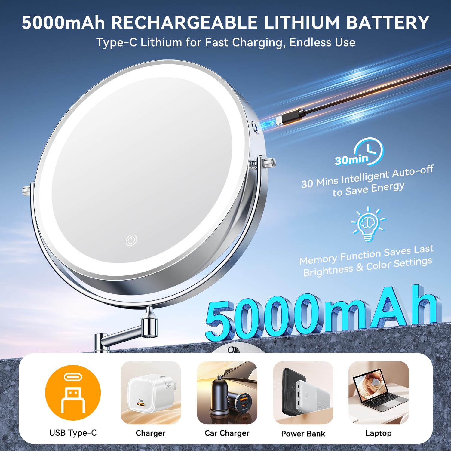 10   30X/1X Wall Mounted Lighted Makeup Mirror, 5000mAh Rechargeable Double-Sided Magnifying Mirror with Light, LED Vanity Mir