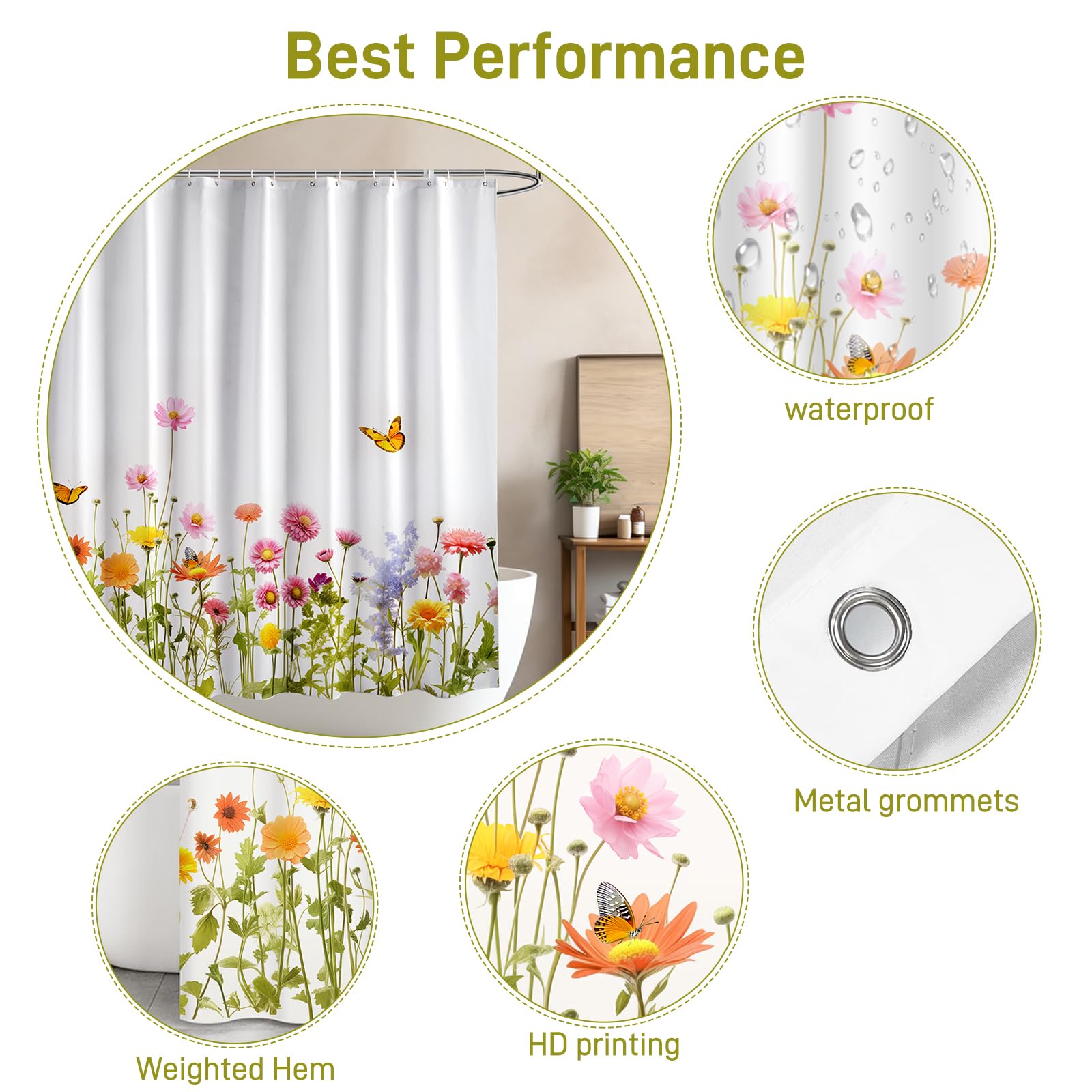 Arichomy Shower Curtain Colorful Bathroom Curtains,Floral Fabric Polyester Printed Waterproof Washable Modern Curtain Set With 1