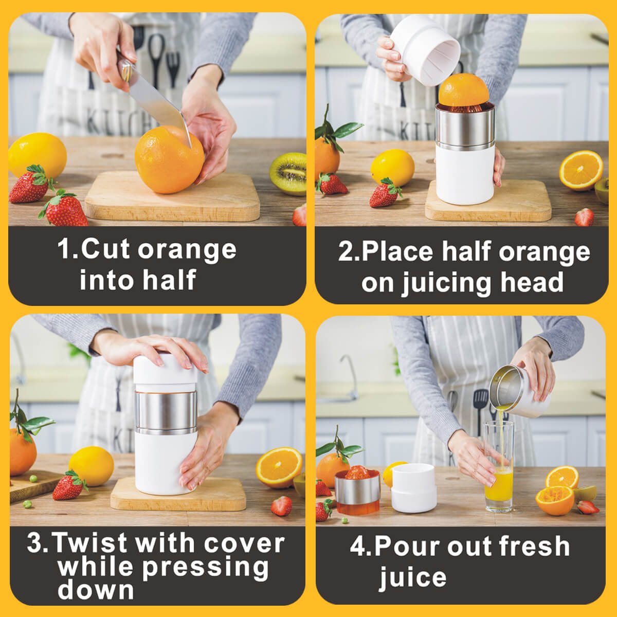 Manual Citrus Press Juicer, Portable Citrus Squeezer Hand Juicer With Strainer And Stainless Steel Container, White Color