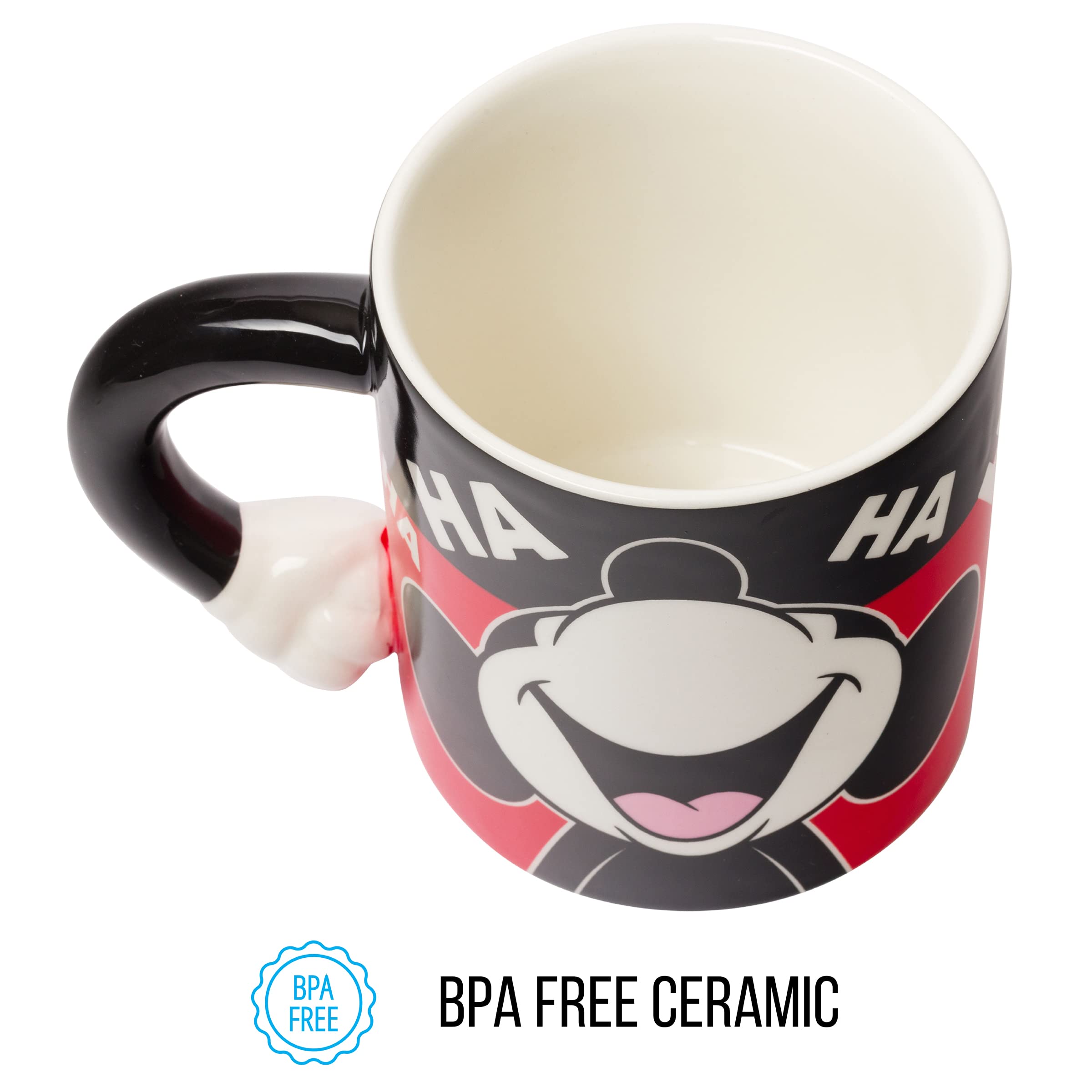 Silver Buffalo Disney Mickey Mouse Laughing Face Sculpted Handle Ceramic Mug, 20 Ounces