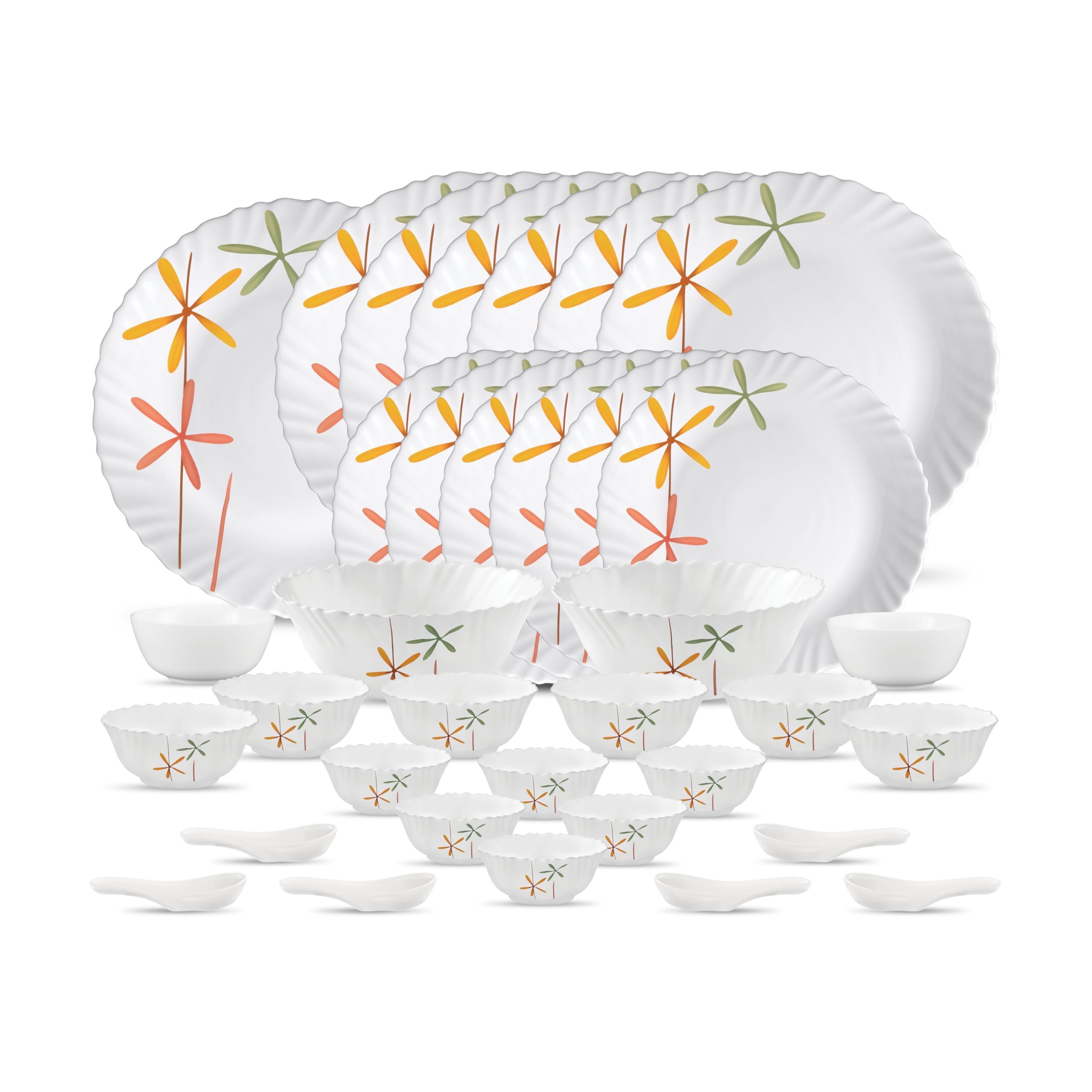 La Opala, Novo Collection, Opal Glass Dinner Set 35 Pcs, Autumn Flower, White