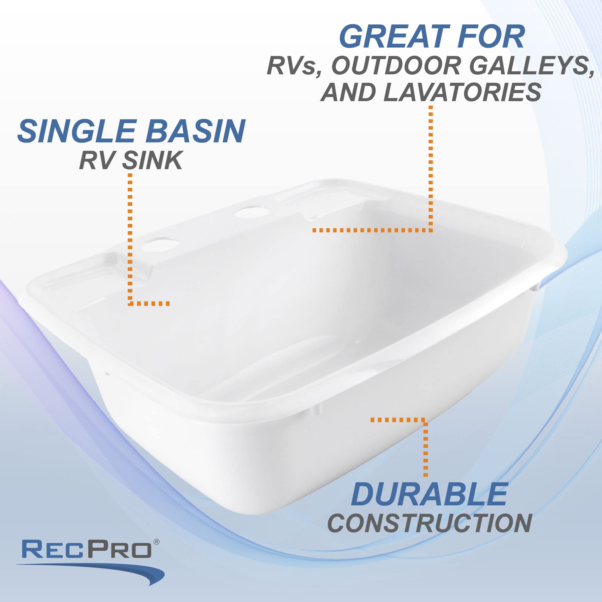 Recpro Rectangle Rv Bathroom Sink | Single Bowl Lavatory Sink | Camper Sink | Plastic (White)