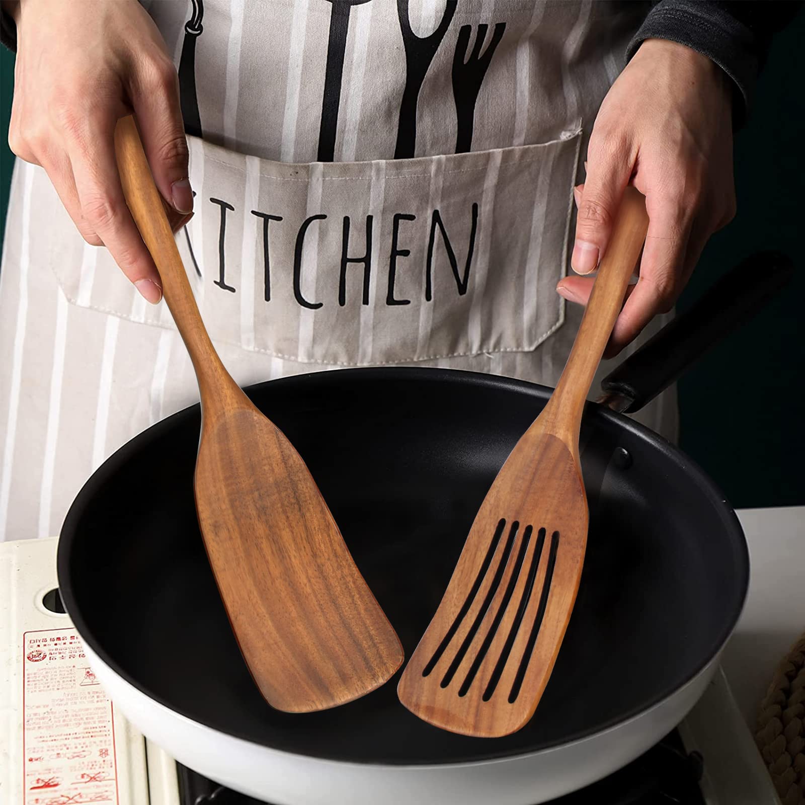 2 Pcs Acacia Wood Spatula Set Non Stick Cooking Utensils Slotted Turner Flat Wooden Kitchen Wok Spatula For Mixing Frying Fish S