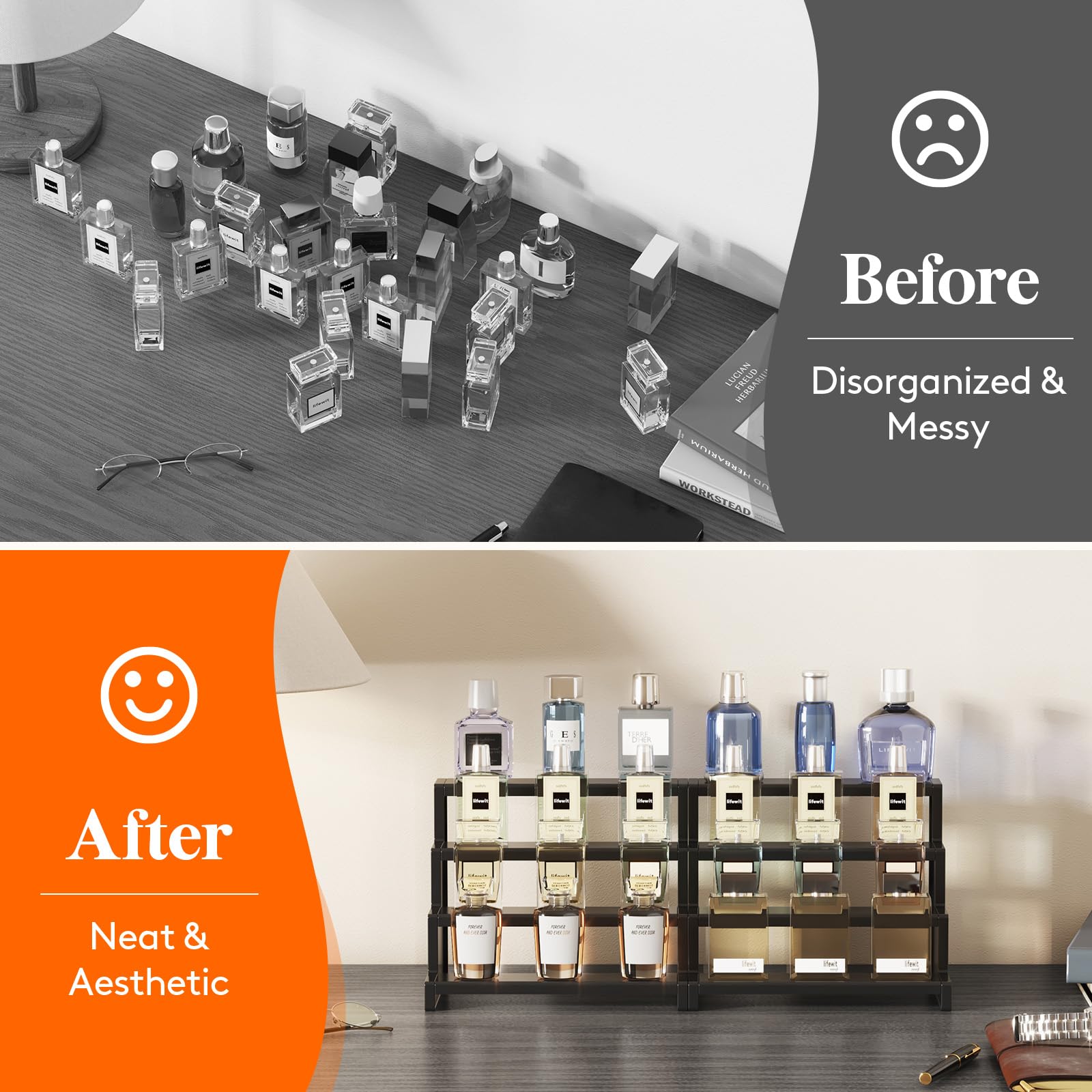 Lifewit Plastic 9 Inch Dark Cologne Stand, Step Perfume Organizer, Tool-free Assembly, Display Stand Shelf for Fragrance, Skinca