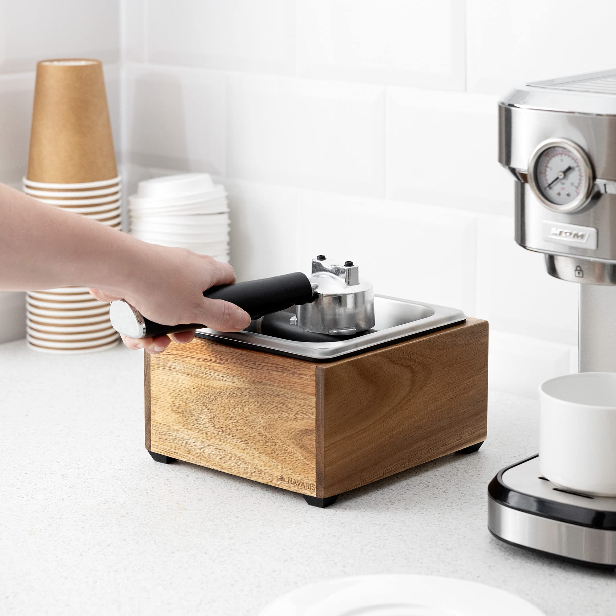 Navaris Coffee Knock Box - Stainless Steel And Wood Bin For Espresso Machine Coffee Grounds - With Silicone Bar For Knocking Por