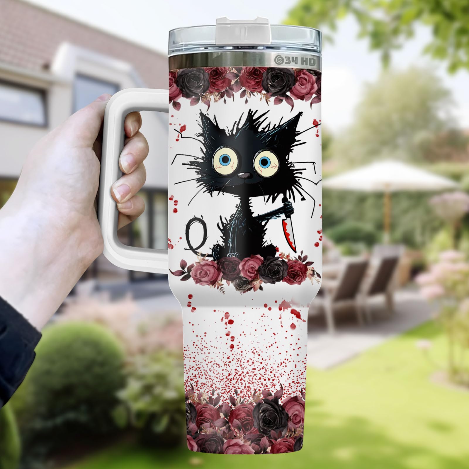 34Hd Gifts For Halloween, Crazy Cat Tumbler With Handle And Straw 40 Oz Stainless Steel, I Will Put You Cat Mug, Horror Cup, Cat