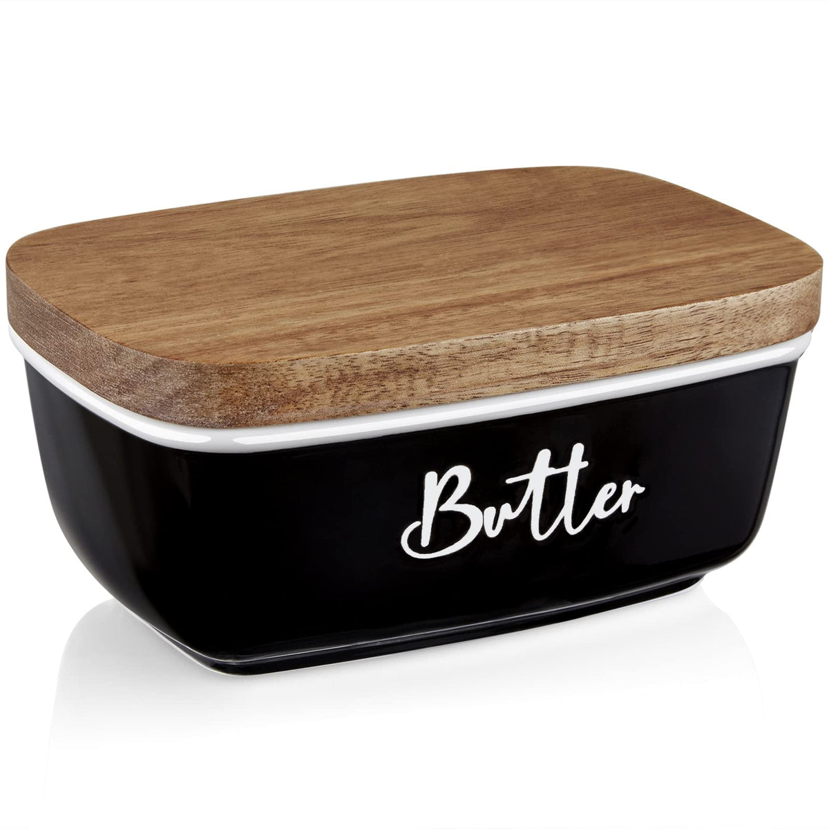 Black Butter Dish, Alelion Large Ceramic Butter Dish With Lid For Countertop, Butter Keeper Container With Acacia Wooden Lid, Ki