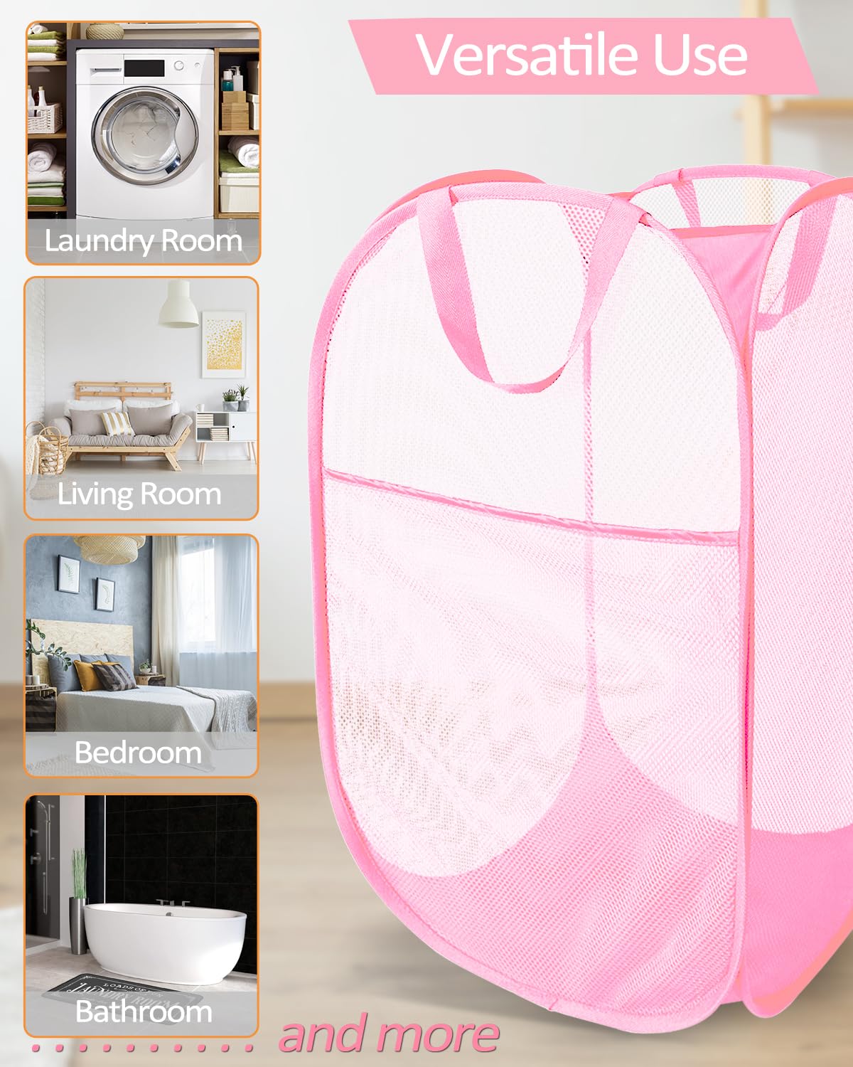 Durable Collapsible Laundry Baskets - Reinforced Mesh Pop Up Laundry Hamper With Side Pocket, Foldable Clothes Storage Hamper Wi
