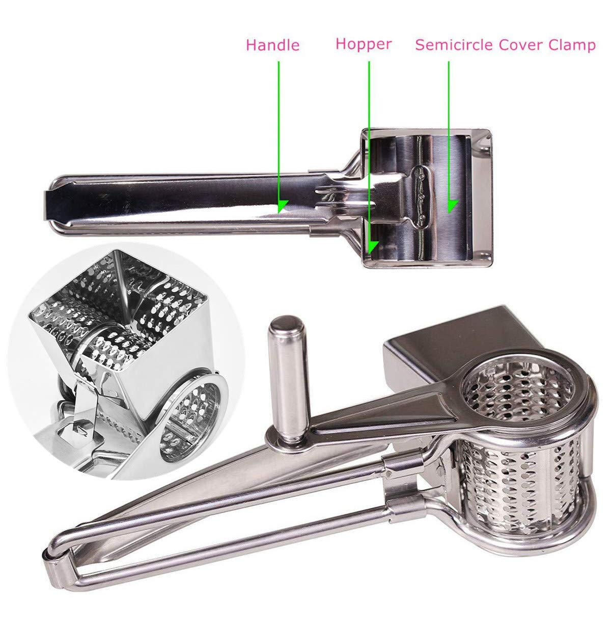 Keepingcoox Stainless Steel Rotary Cheese Grater/Vegetable Shredder, Handheld Restaurant Food Grater With Coarse Grater/Fine Gra