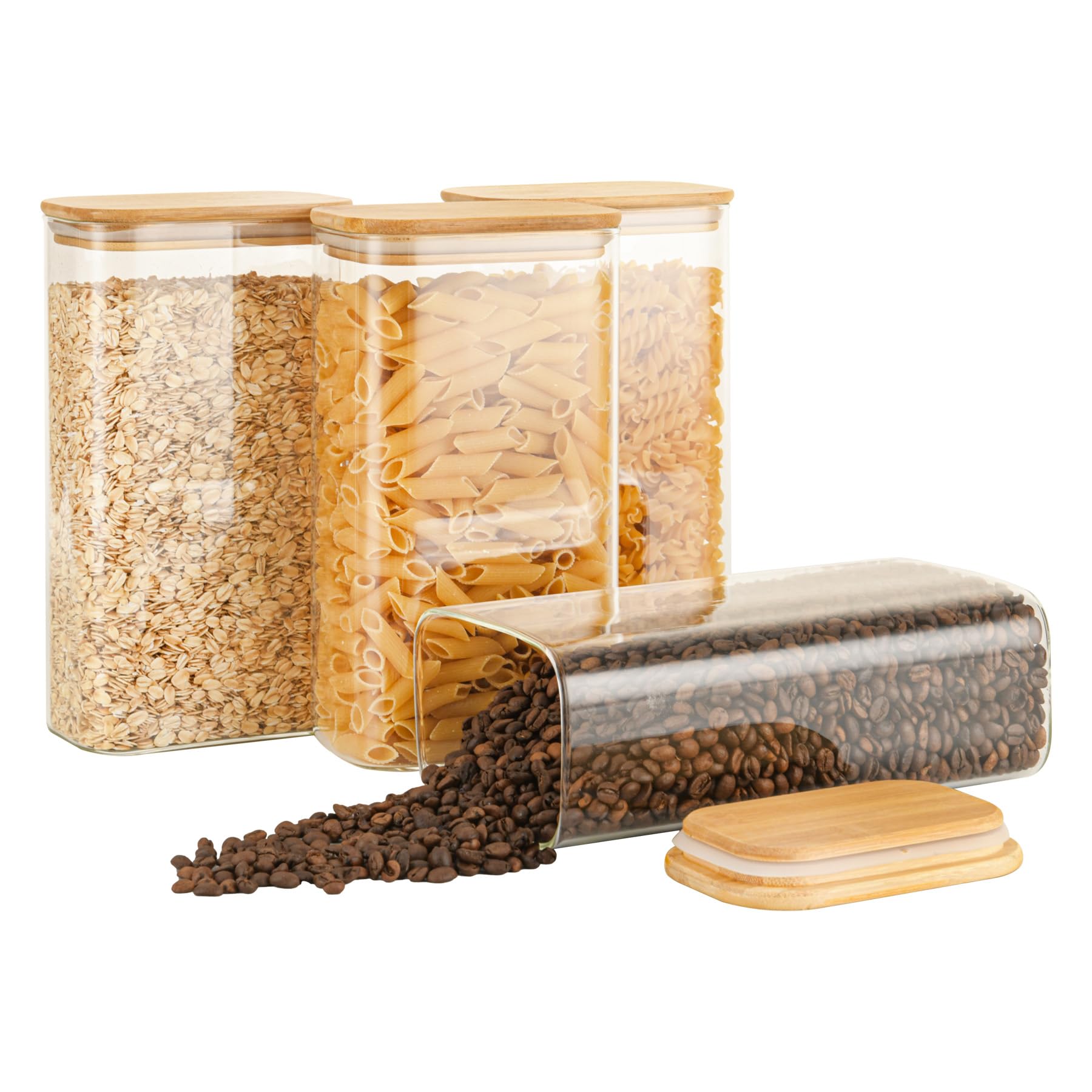 D2scrma 56oz Rectangle Airtight Glass Storage Containers with Bamboo Lids (Set of 4), Square Food Storage Jar, Pantry Organizers