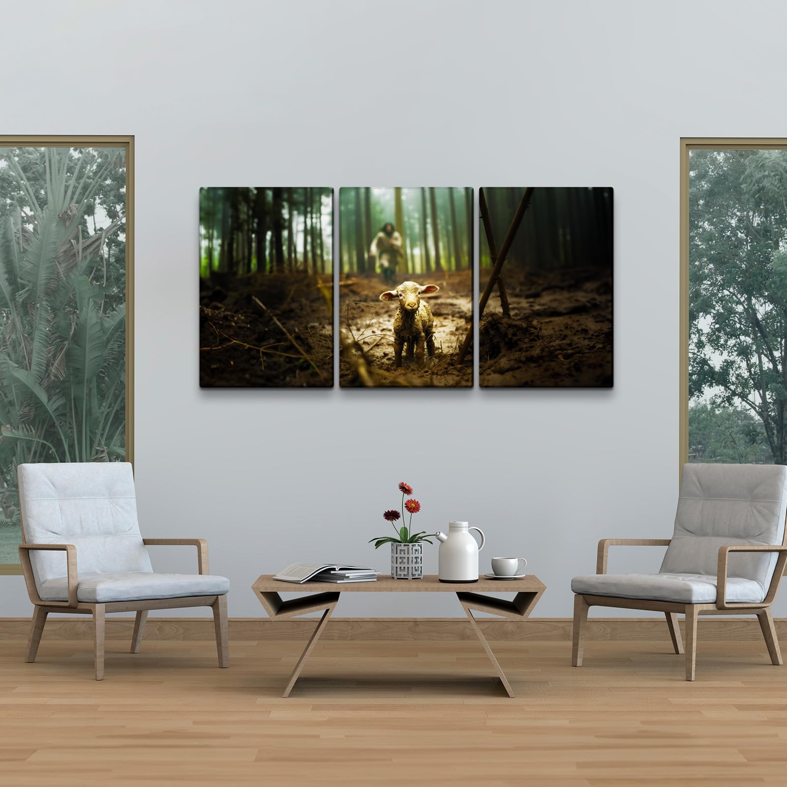 Jesus And Lamb Canvas Wall Art 60''X30'' Jesus Running After Lost Lamb Picture Wall Art Canvas Print Christian Home Decor - 60''