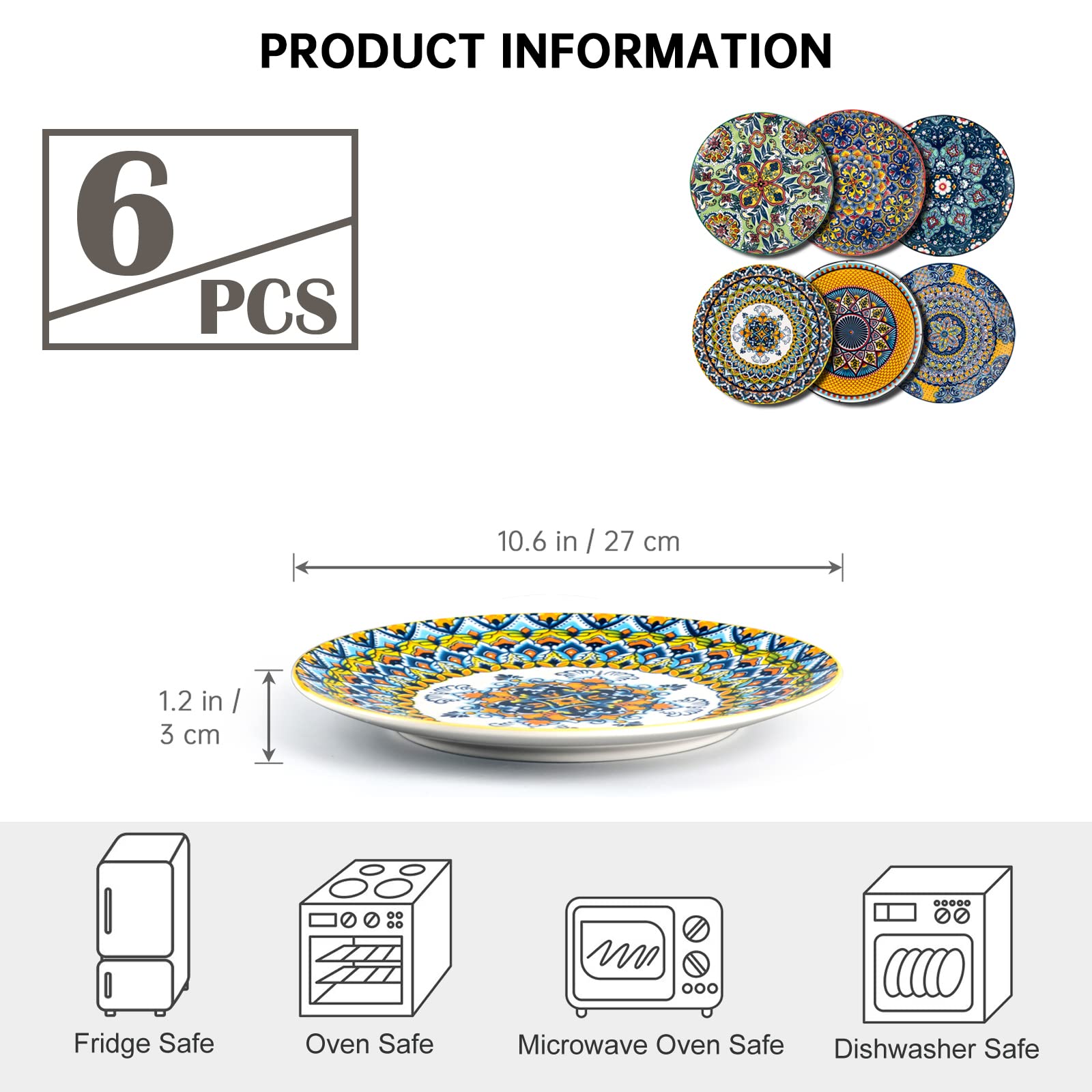 HENXFEN LEAD Ceramic Dinner Plates Set of 6-10.6 Inch Large Dessert  Pasta  Salad Plate  Porcelain Colorful Serving Dishes for Kitchen & Restaurant  Dishware  Microwave & Oven safe - Bohemian Style