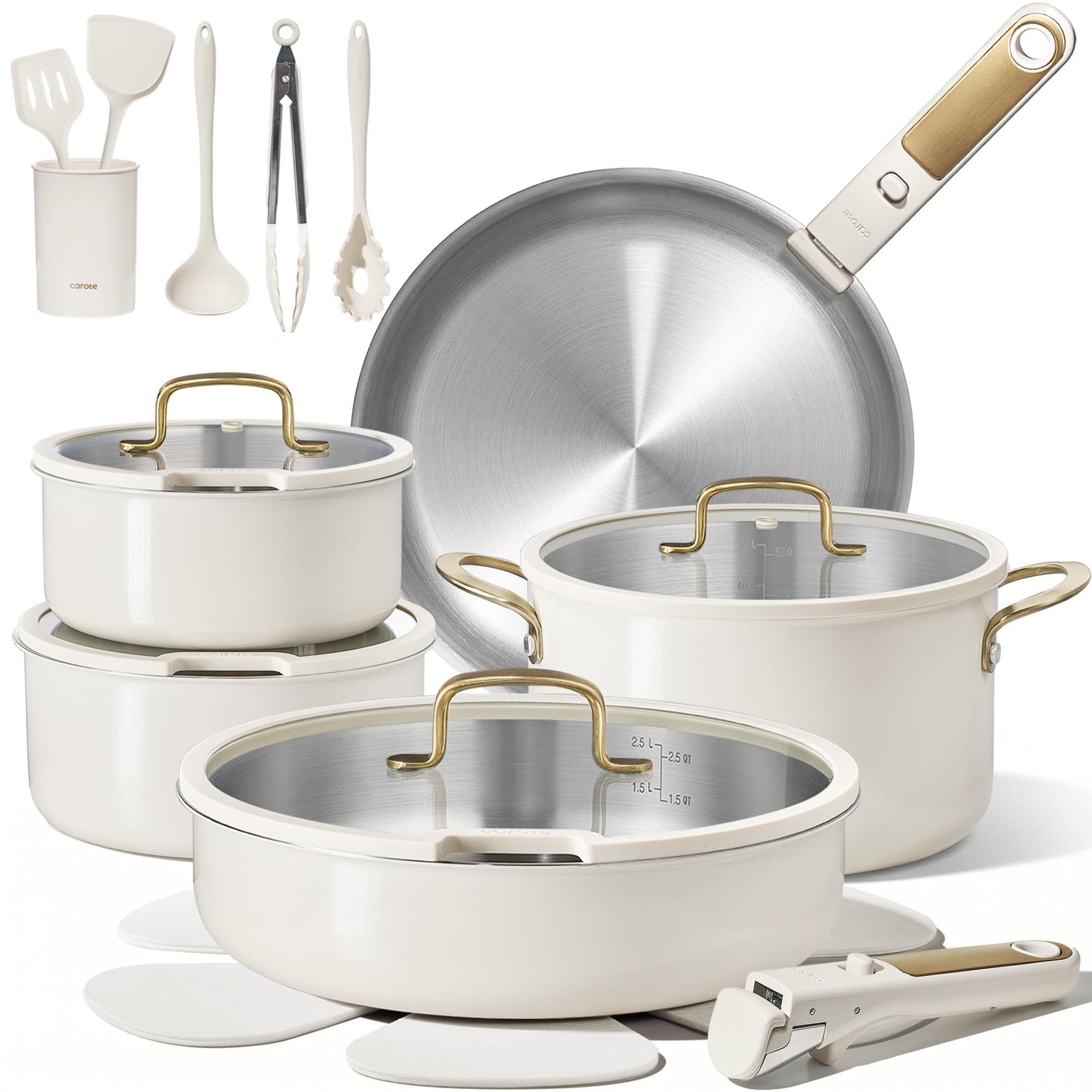 CAROTE 21pcs TriPly Stainless Steel Cookware Set with Detachable Handle