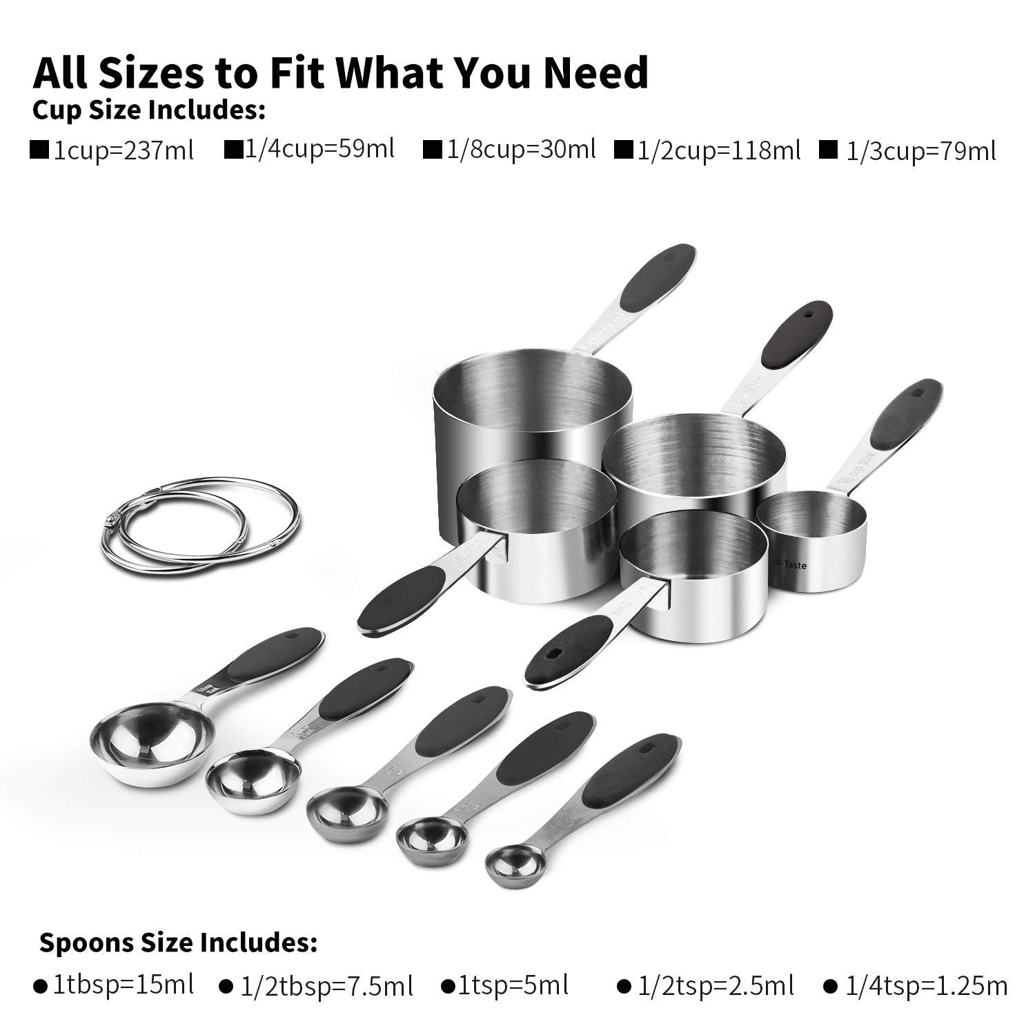 Measuring Cups : U-Taste 18/8 Stainless Steel Measuring Cups And Spoons Set Of 10 Piece, Upgraded Thickness Handle(Black)