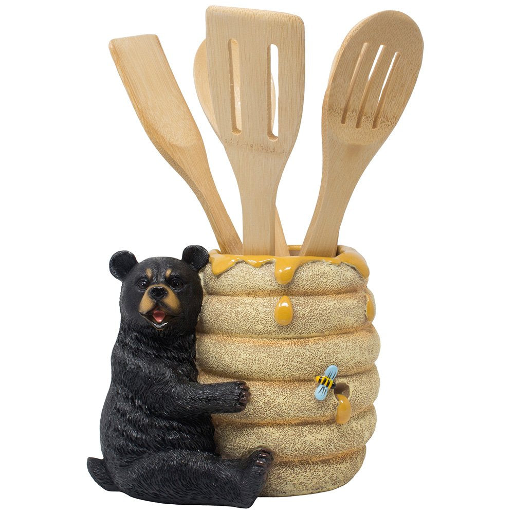 Decorative Black Bear In A Beehive Honey Pot Countertop Utensil Holder Crock Display Stand Table Statue For Cabin Or Rustic Lodg