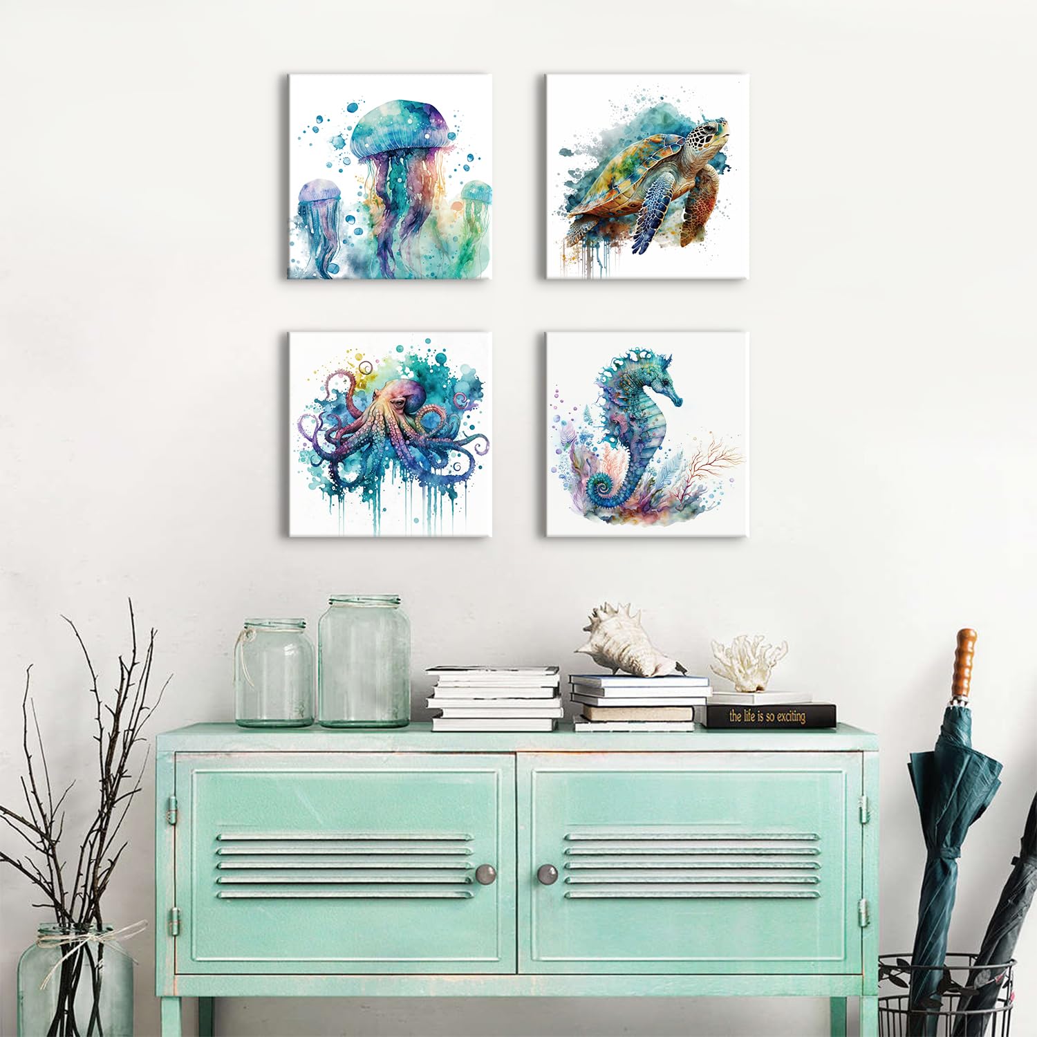 Watercolor Octopus Seaturtle Seahorse Jellyfish Wall Art Beach Bathroom Decor Sea Animal Canvas Pictures For Bedroom Living Room