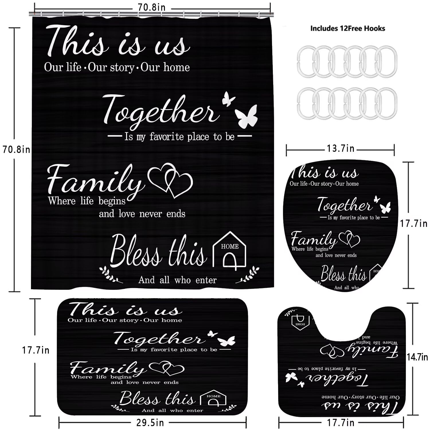 Azhm Family Shower Curtain Set Black Home Bathroom Set With Shower Curtain And Rugs And Accessories Bathroom Decor Curtain With