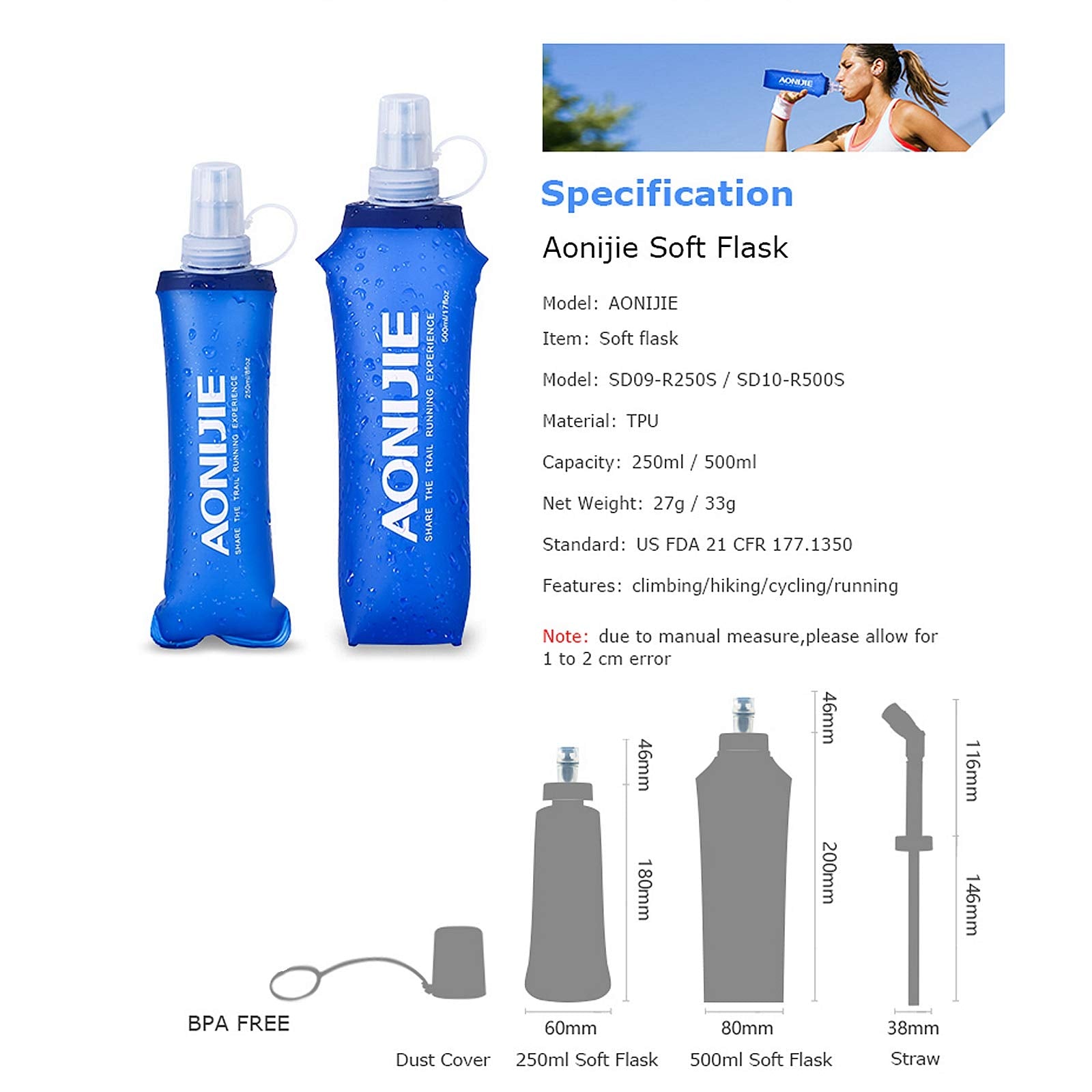 Aonijie Tpu Soft Folding Water Bottles Collapsible Flask For Hydration Pack For Running Hiking Cycling Climbing Pack Of 2 (250Ml