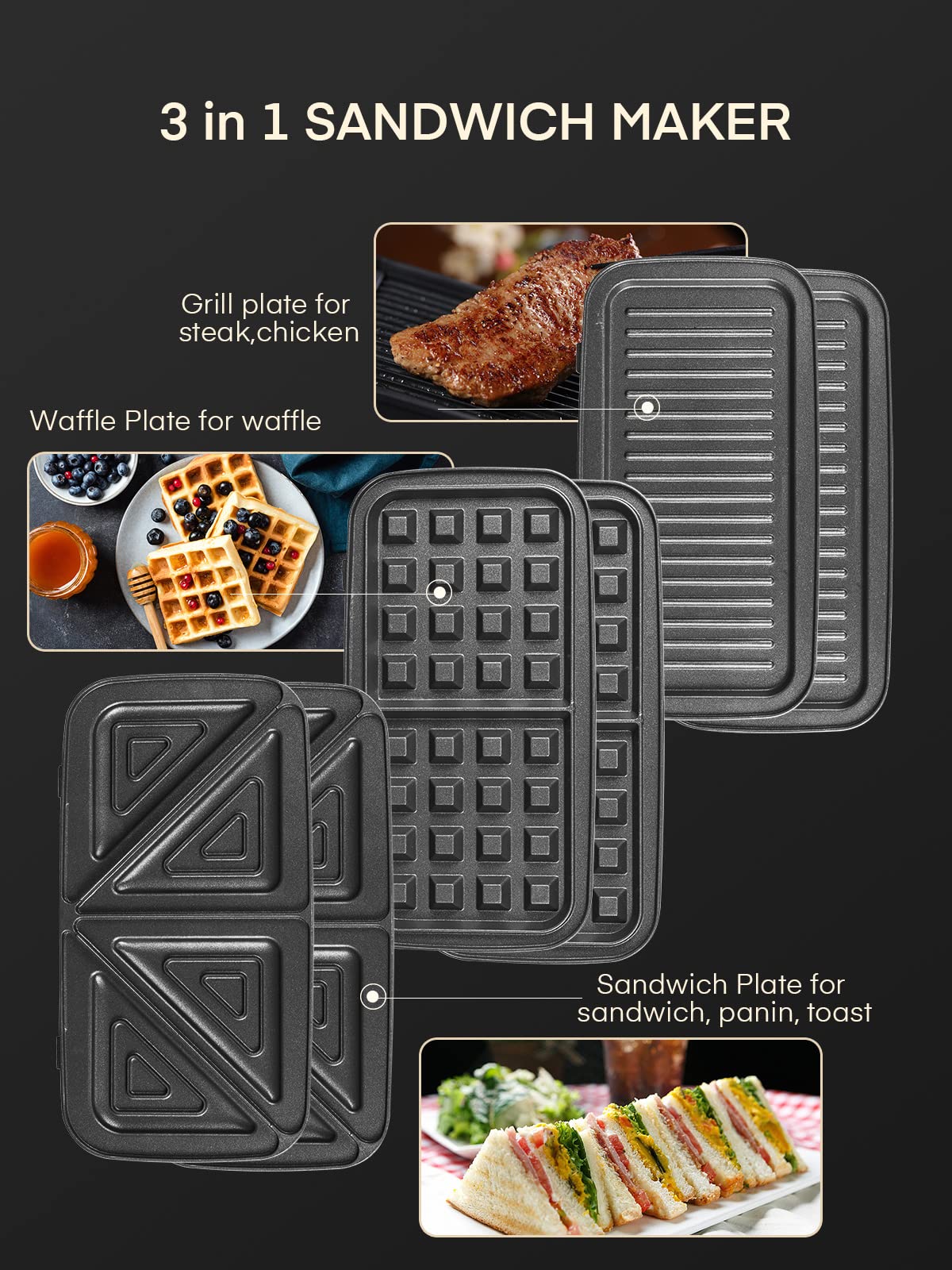 FOHERE 3-in-1 Waffle Maker & Sandwich Press, 1200W, Non-stick, Removable Plates, Silver/Black, Model AN-780