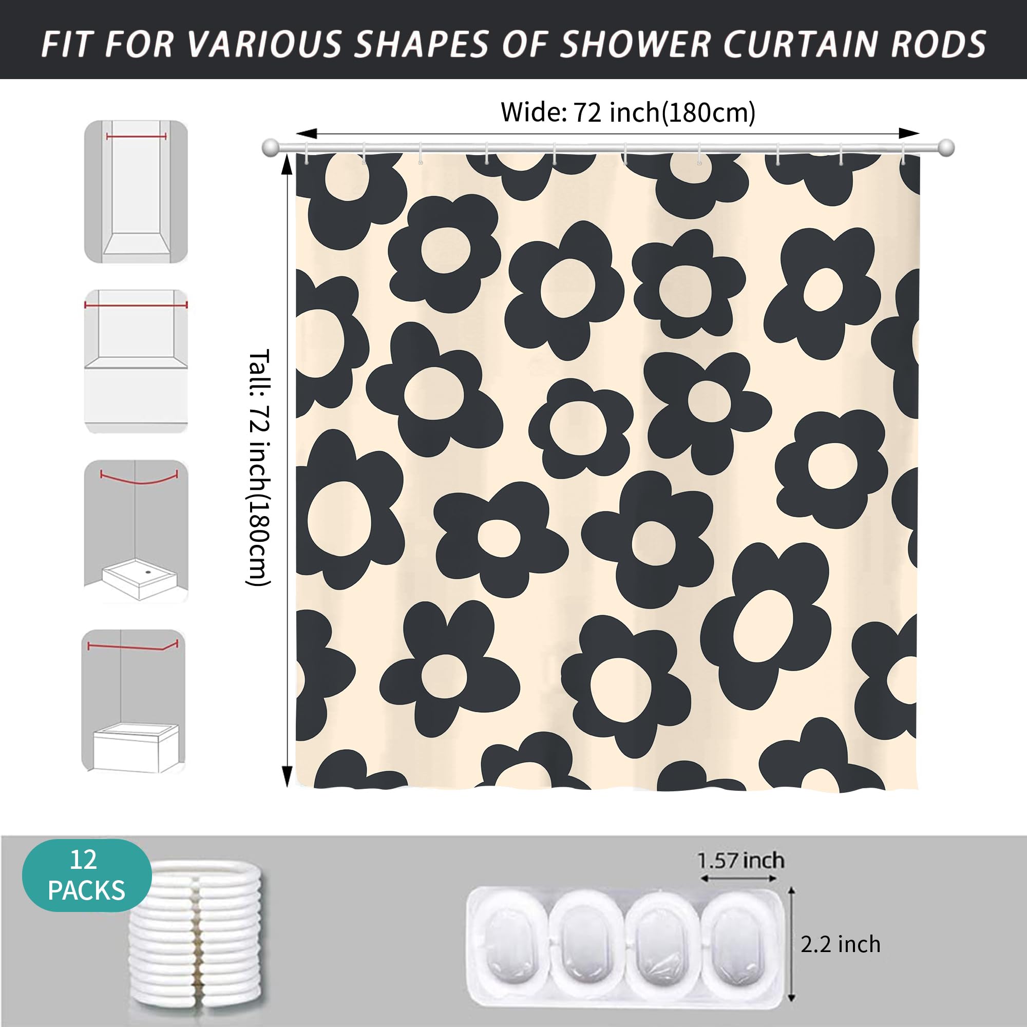Visioun Black Cute Retro Floral Abstract Flower Shower Curtain For Bathroom 72W*72H Inch 70S Lovely Vintage Aesthetic Funky Bath