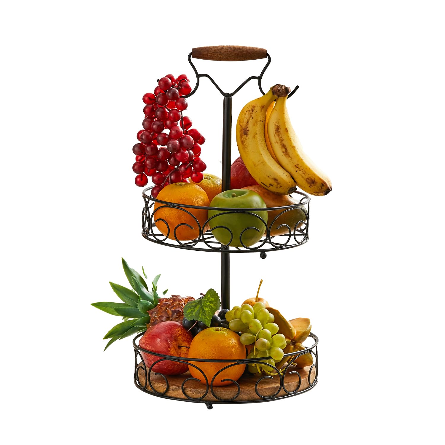 Amazon Brand - Solimo Fruit & Vegetable Countertop Bowl Storage With Banana Hanger | Iron | Black Powder-Coated Finish | Kitchen