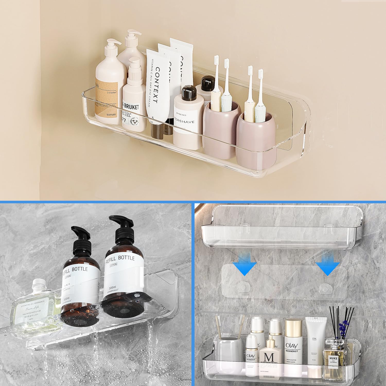 Diesisa 2Pc Plastic Wall Mount Organizer, Adhesive Shelf, Bathroom Shelves For Wall, Self Adhesive Organizer, No Drilling Hang W