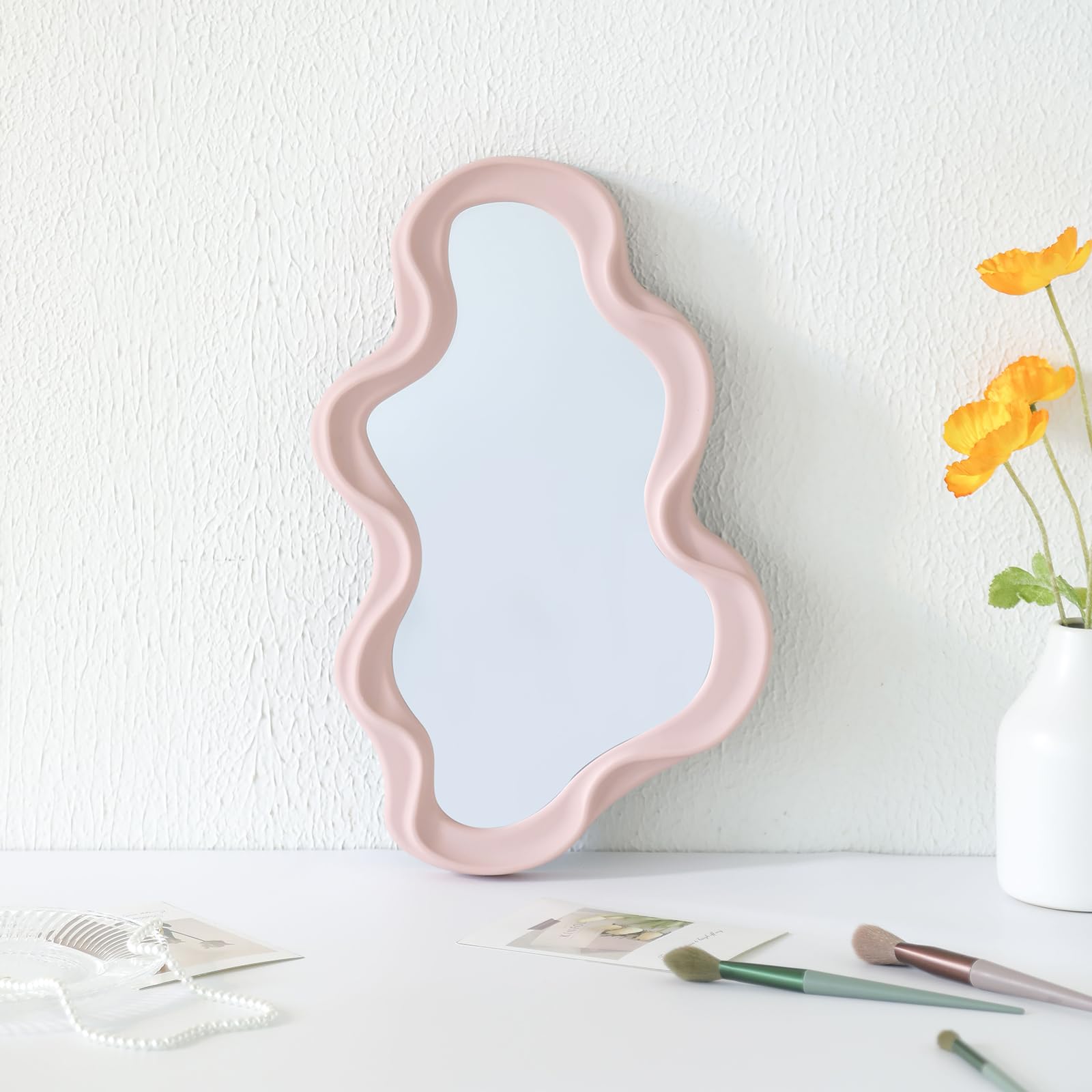 Xpxkj 16X10 Inch Decorative Wavy Mirror Pink Irregular Wall Hanging Mirror Modern Living Room Funky Pink Mirror,For Bedroom, And