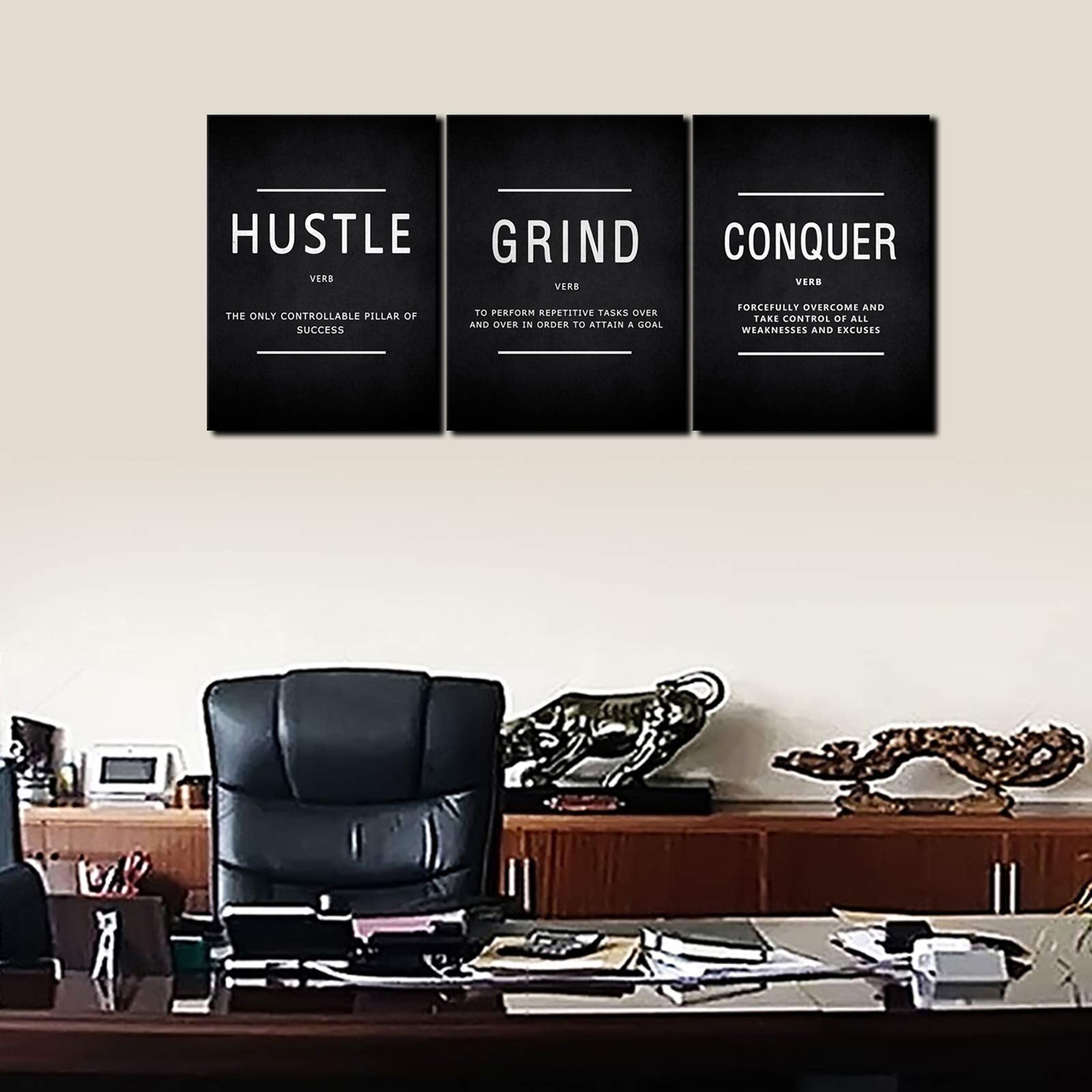Kawahone Success Quotes Wall Art, Grind Hustle Conquer Motivation Wall Poster Framed Positive Sayings Wall Hanging Inspirational