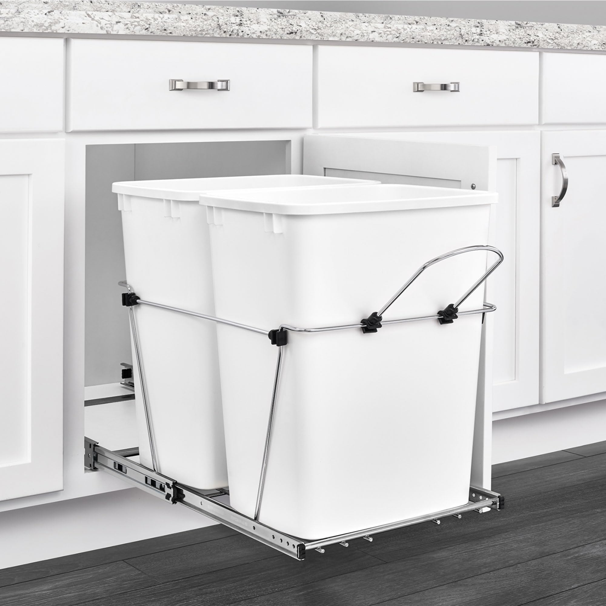 Rev-A-Shelf Double Pullout Trash Can For Kitchen Cabinets 35 Qt 12 Gallon Garbage Recycling Bin On Full-Extension Slides, White,