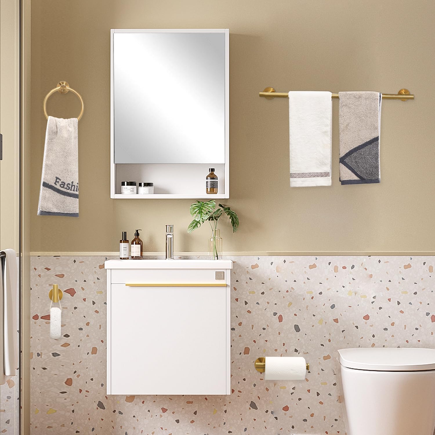 Ntipox Brushed Gold Bathroom Hardware Accessories Set 5 Piece, Stainless Steel Bath Towel Bar Set 24 Inch,Toilet Paper Holder,To