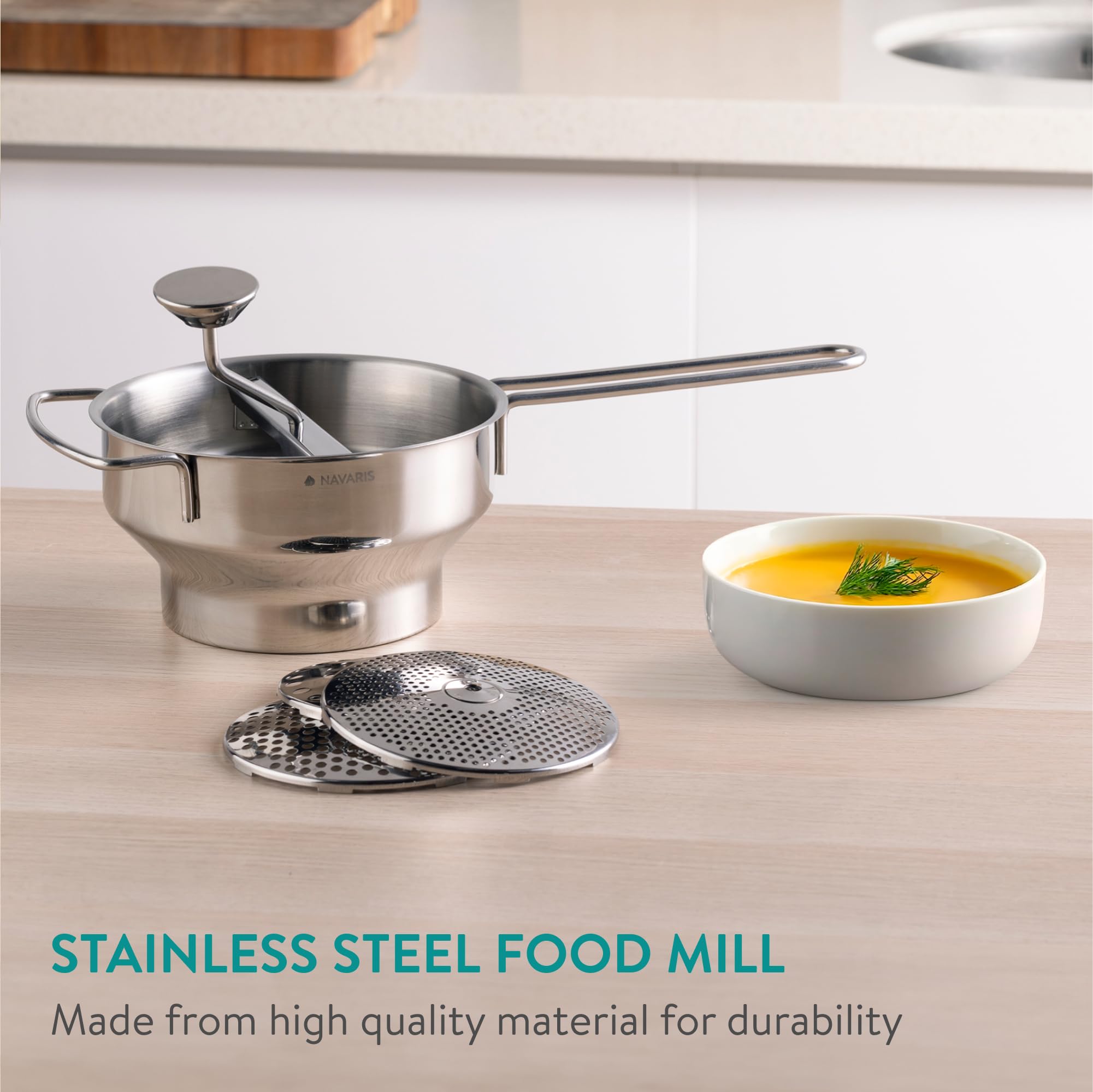Navaris Food Mill - 8.1 '' Stainless Steel Rotary Food Mill Sieve Grater with 3 Grinding Discs - Vegetable Strainer Sauce Maker to Grind/Puree Food