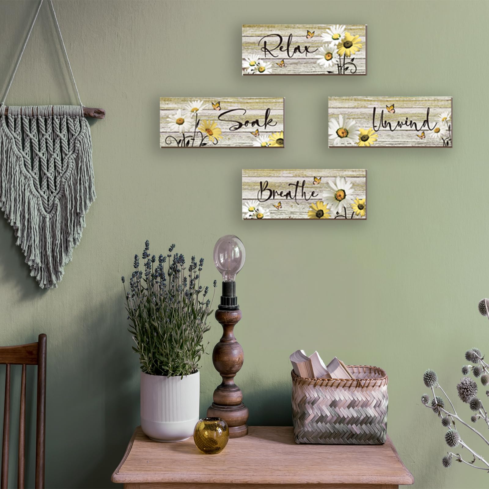 ZINYAZHE 4 Pcs Farmhouse Yellow Bathroom Wall Decor Yellow Daisy Floral Flowers and Butterfly Wall Art Relax Soak Unwind Breathe