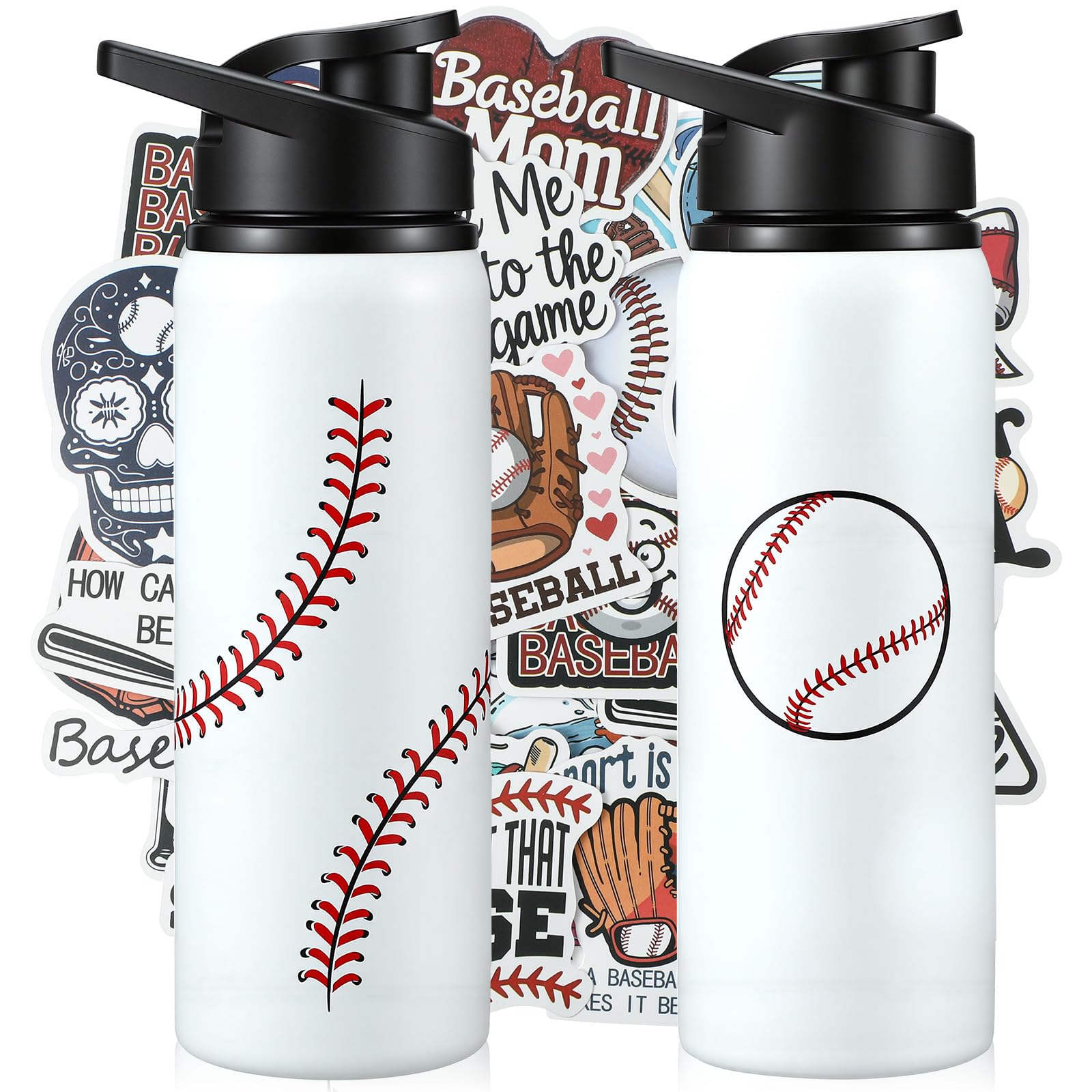 Ceenna 2 Pcs 24 oz Baseball Water Bottle with 50 Stickers, Stainless Steel Insulated Travel Tumbler Baseball Gifts for Team Spor